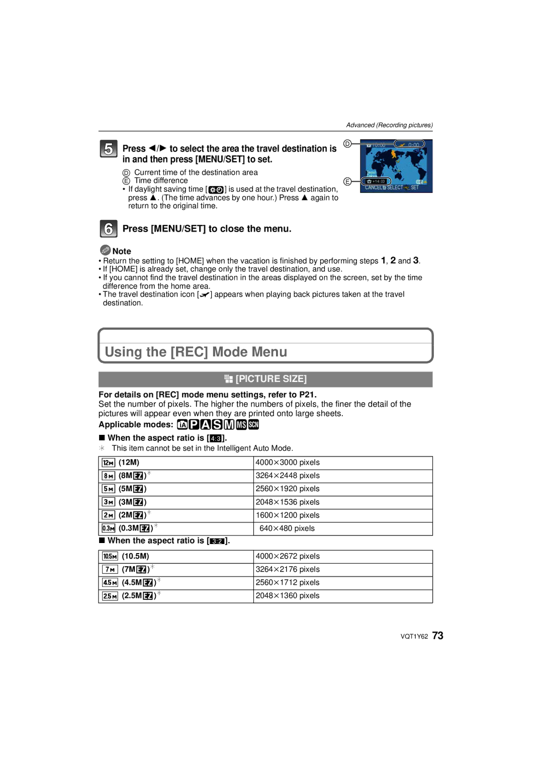 Panasonic DMCFX580S, DMC-FX580 Using the REC Mode Menu, @ Picture Size, Applicable modes ñ³±´² ¿ When the aspect ratio is 