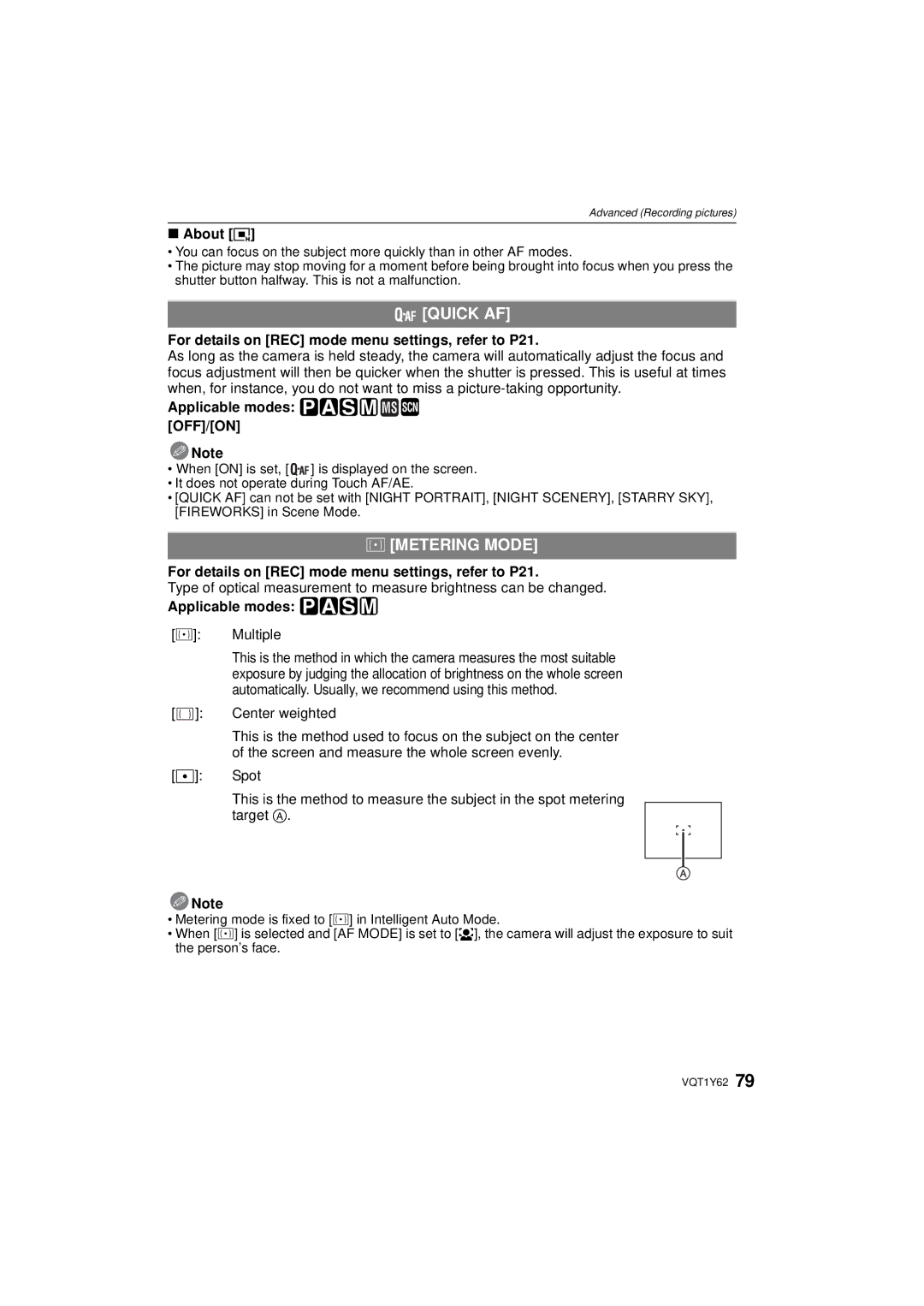 Panasonic DMCFX580S, DMC-FX580 operating instructions Quick AF, Metering Mode, About ƒ, Applicable modes ³±´² ¿ OFF/ON Note 