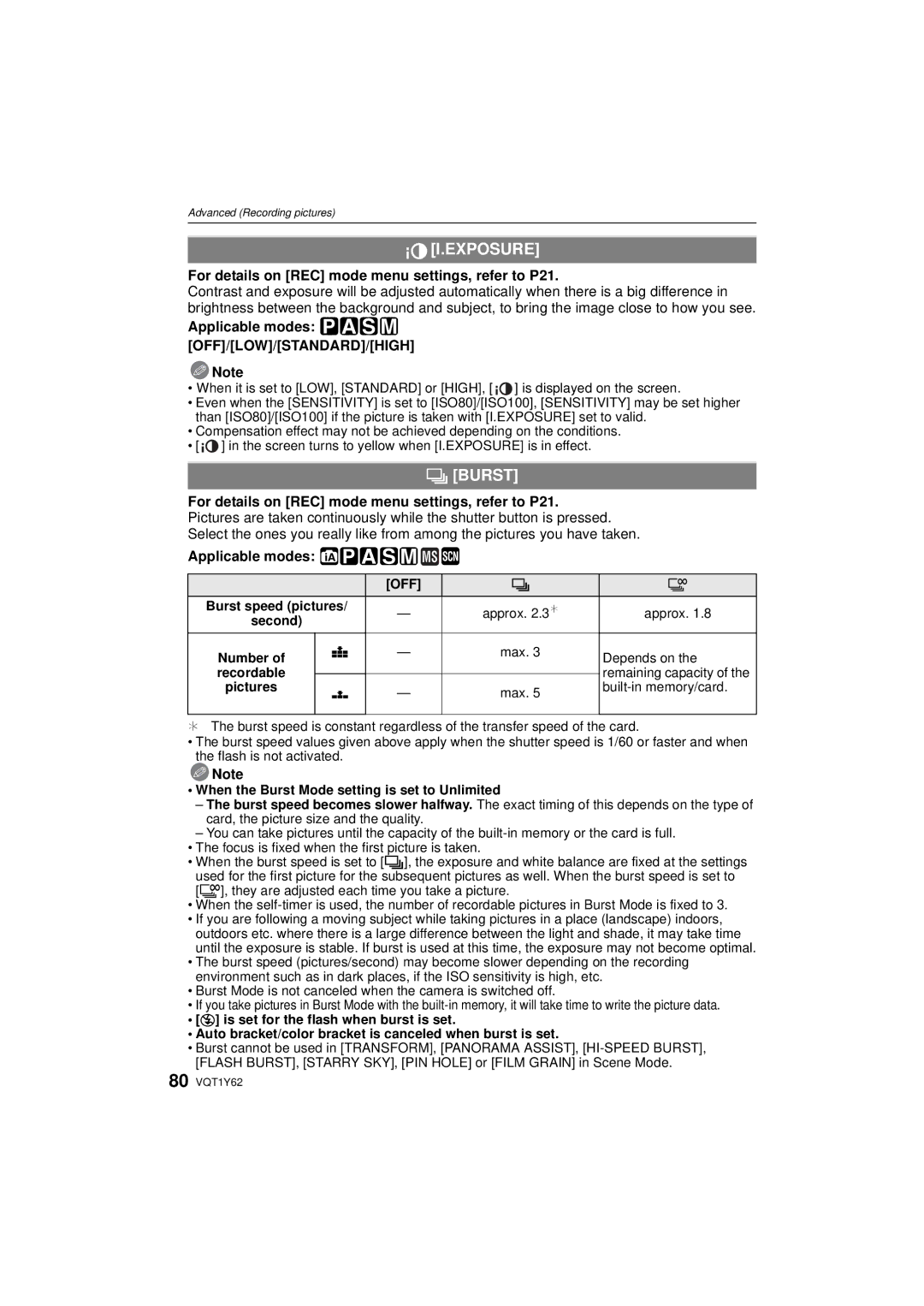 Panasonic DMC-FX580, DMCFX580S Exposure, ˜ Burst, Applicable modes ³±´² OFF/LOW/STANDARD/HIGH Note, Number 