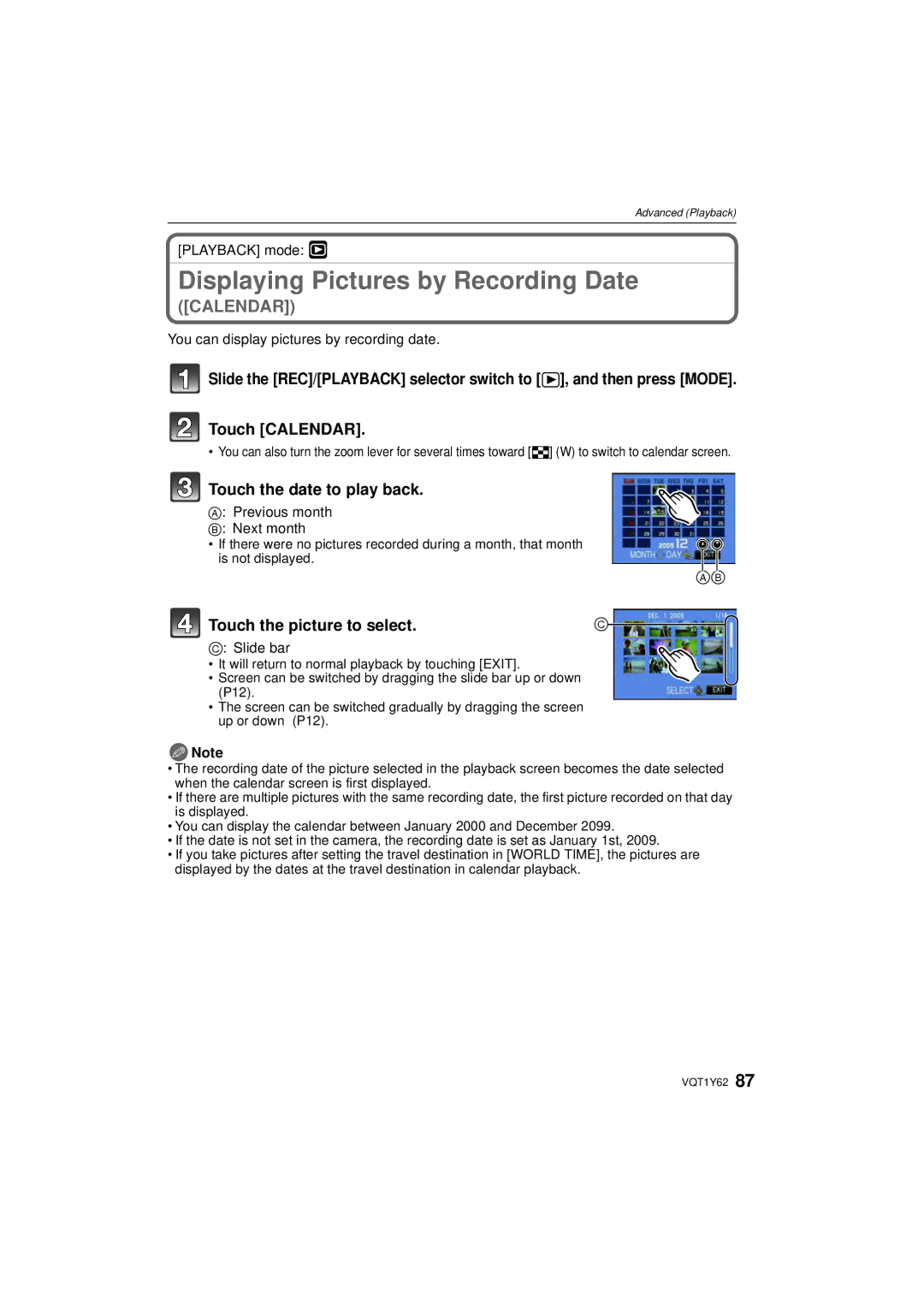 Panasonic DMCFX580S Touch the date to play back, You can display pictures by recording date, Previous month Next month 