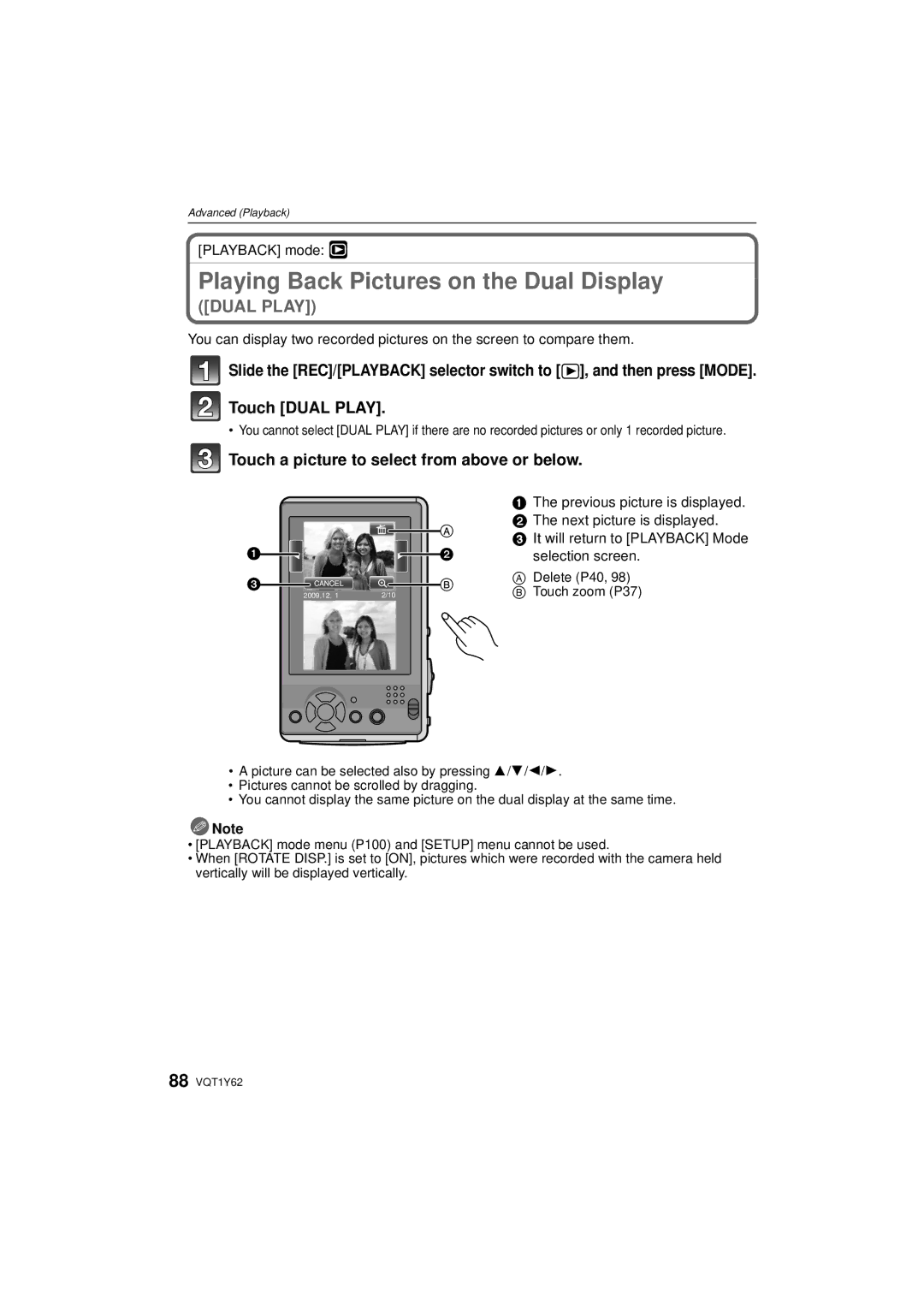 Panasonic DMC-FX580, DMCFX580S Playing Back Pictures on the Dual Display, Touch a picture to select from above or below 