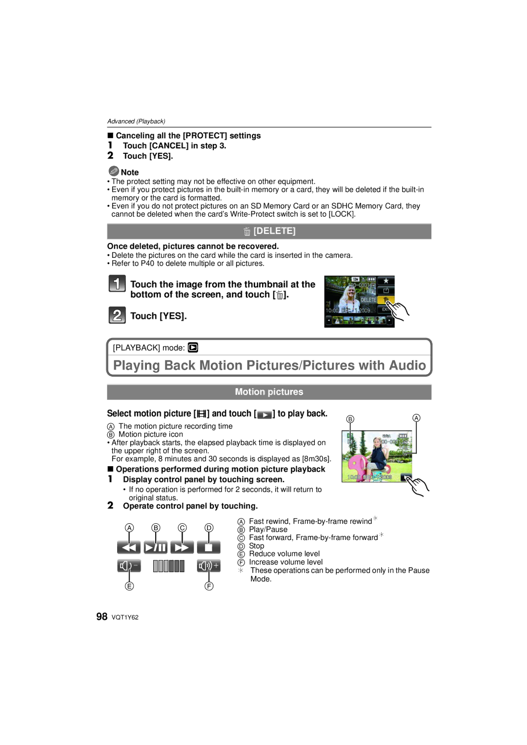 Panasonic DMC-FX580, DMCFX580S Playing Back Motion Pictures/Pictures with Audio, ‚ Delete, Motion pictures 