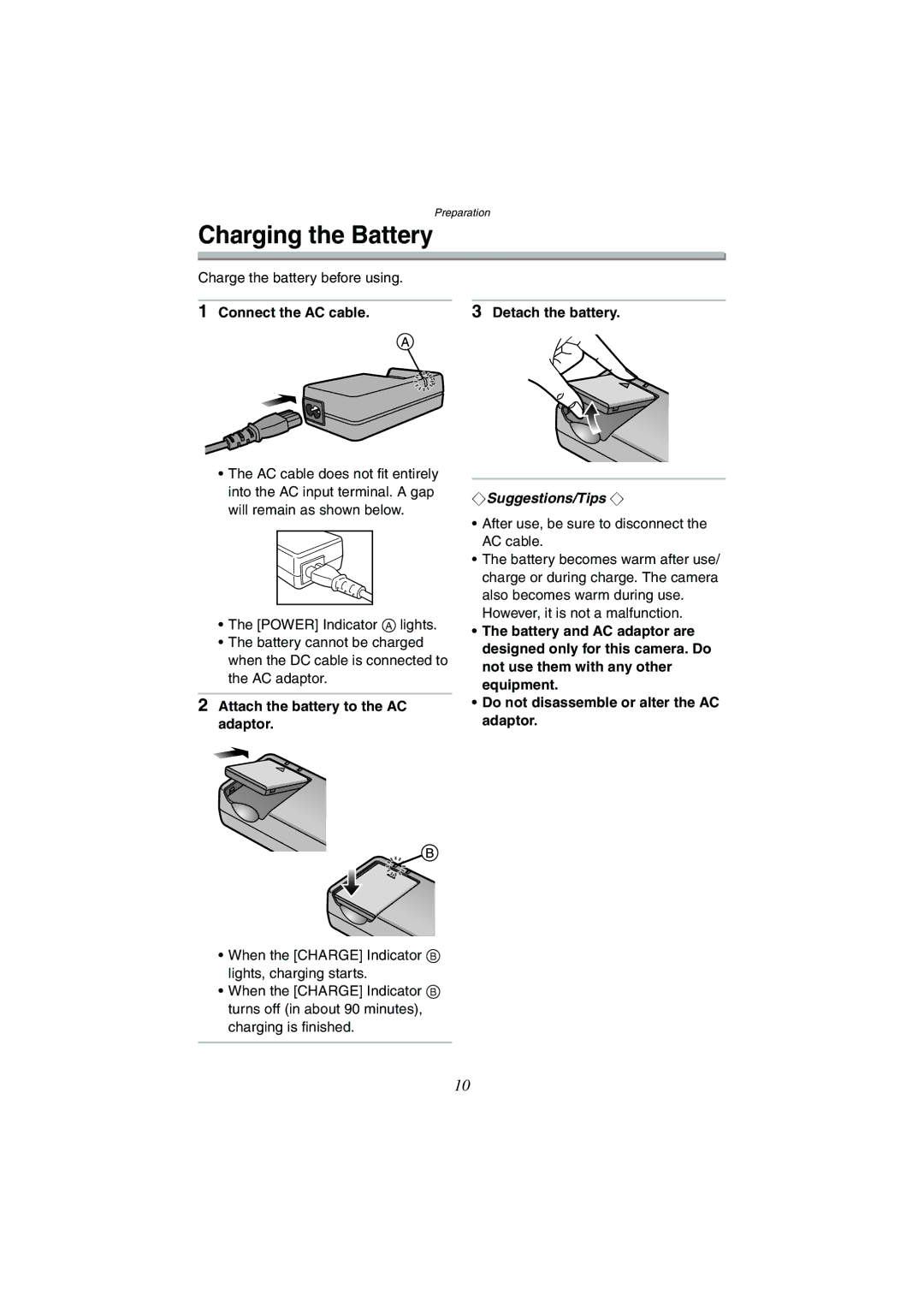 Panasonic DMC-FX5GN Charging the Battery, Connect the AC cable, Attach the battery to the AC adaptor Detach the battery 