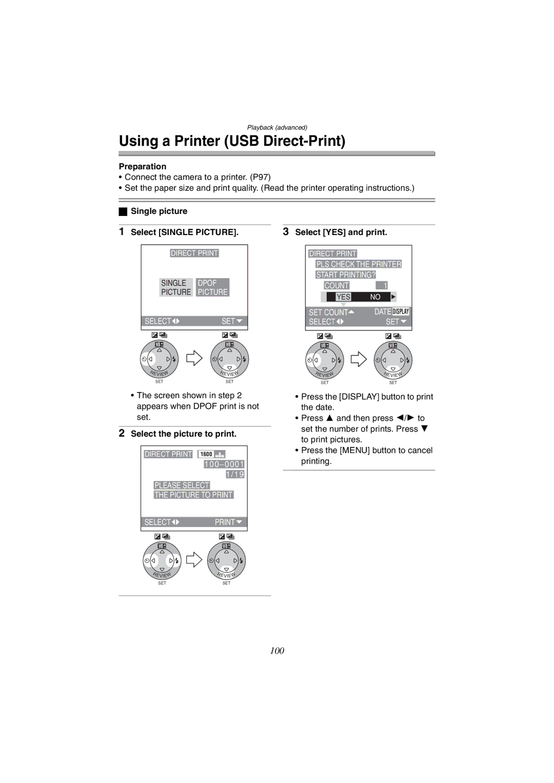 Panasonic DMC-FX5GN Using a Printer USB Direct-Print, Single picture, Select Single Picture Select YES and print 