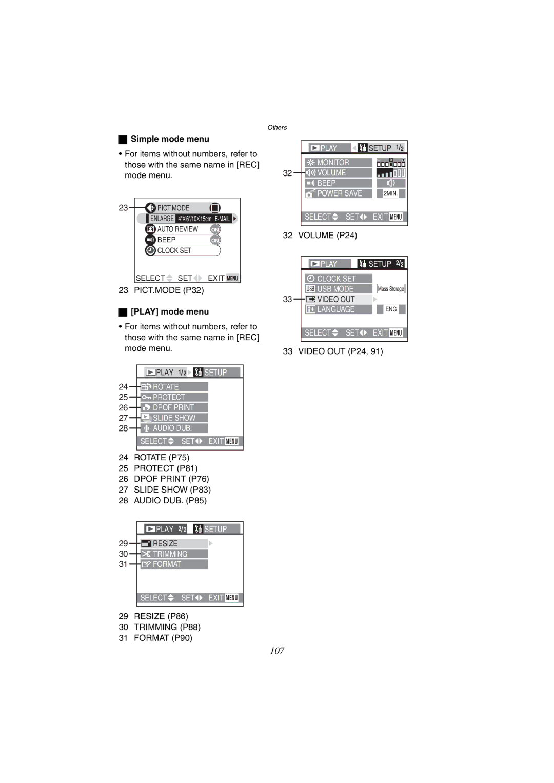 Panasonic DMC-FX1GN, DMC-FX5GN Simple mode menu, Play mode menu, Dpof Print P76 Slide Show P83, Trimming P88 