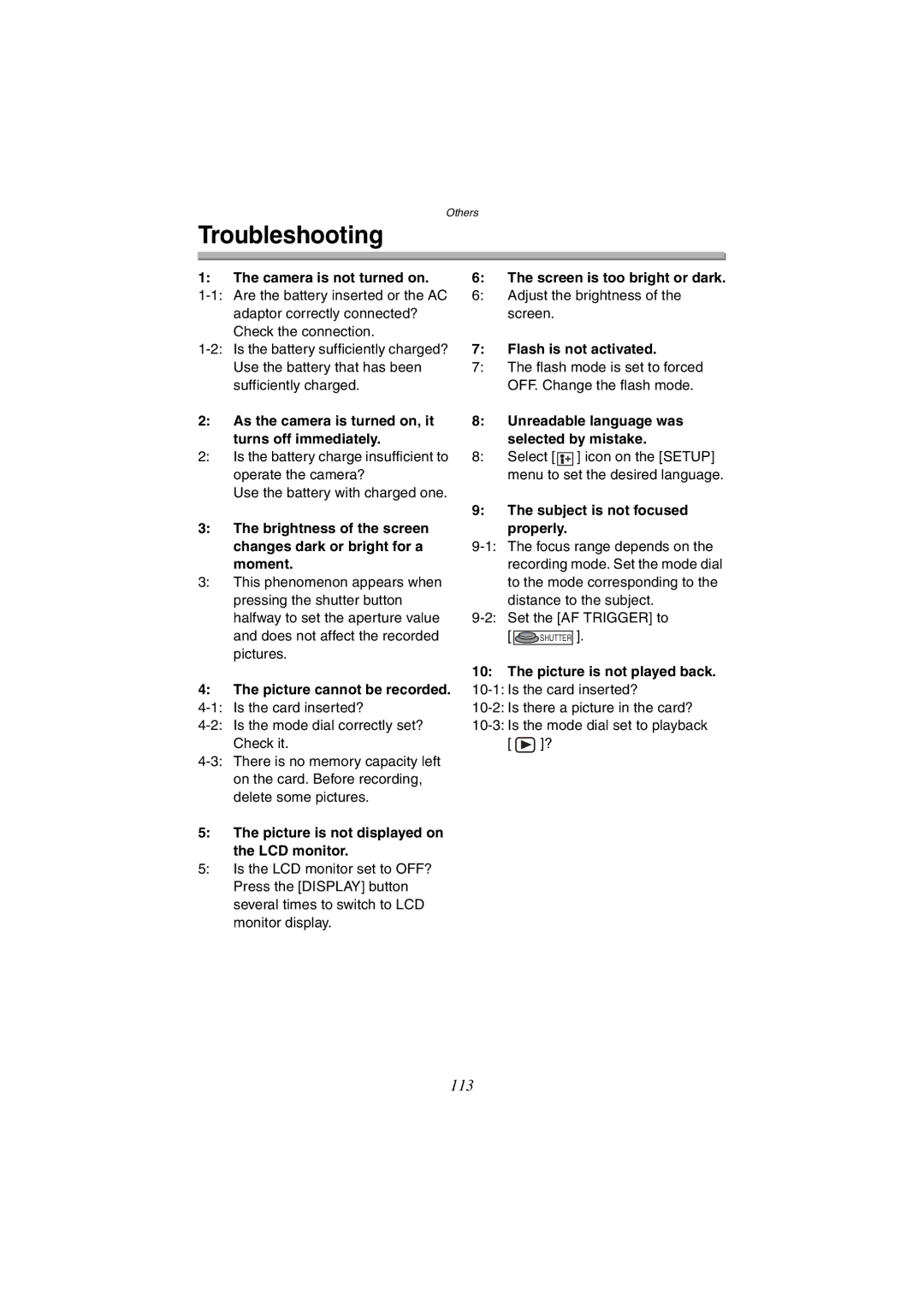 Panasonic DMC-FX1GN, DMC-FX5GN operating instructions Troubleshooting 