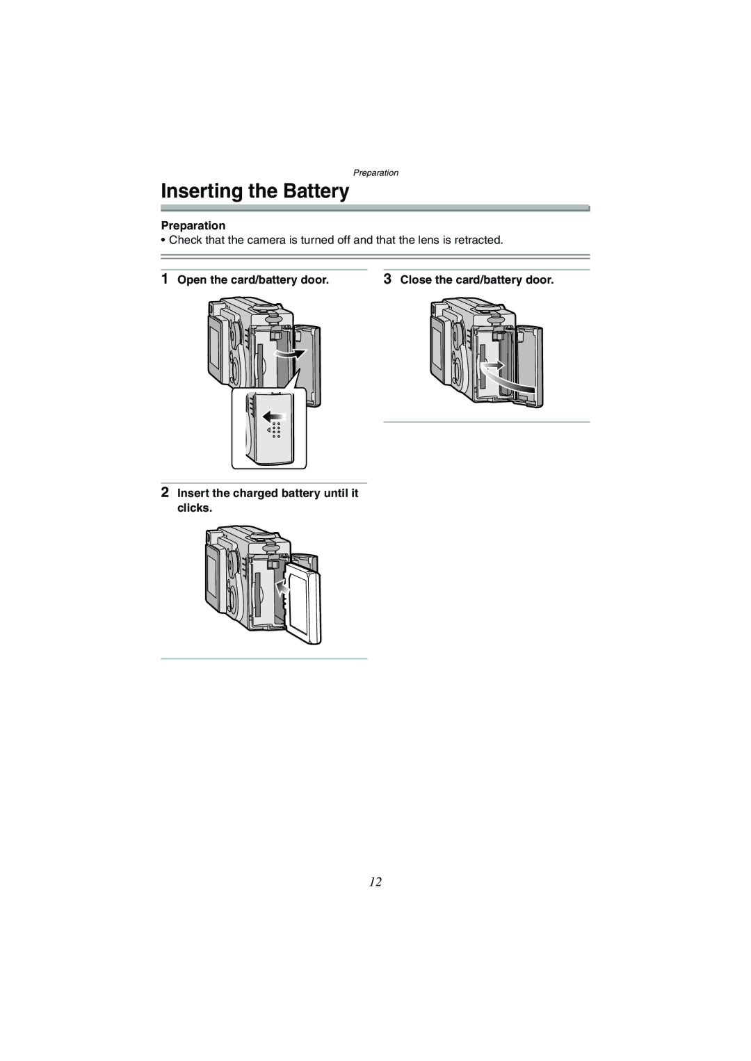 Panasonic DMC-FX5GN, DMC-FX1GN operating instructions Inserting the Battery, Preparation 