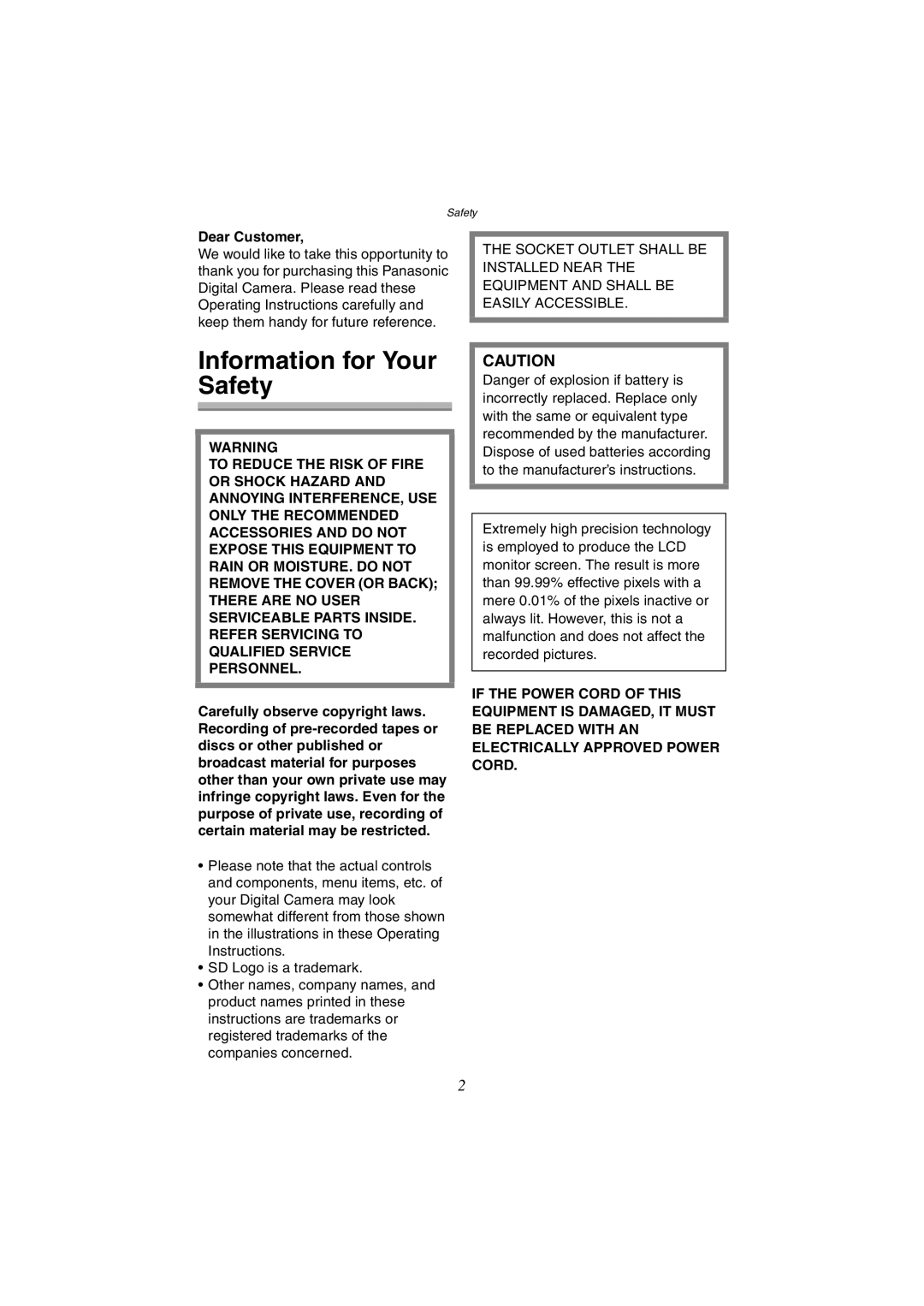 Panasonic DMC-FX5GN, DMC-FX1GN operating instructions Information for Your Safety, Dear Customer 