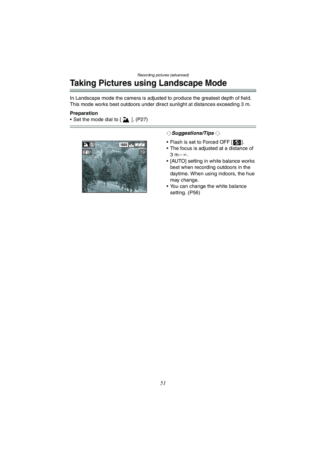 Panasonic DMC-FX1GN, DMC-FX5GN operating instructions Taking Pictures using Landscape Mode 