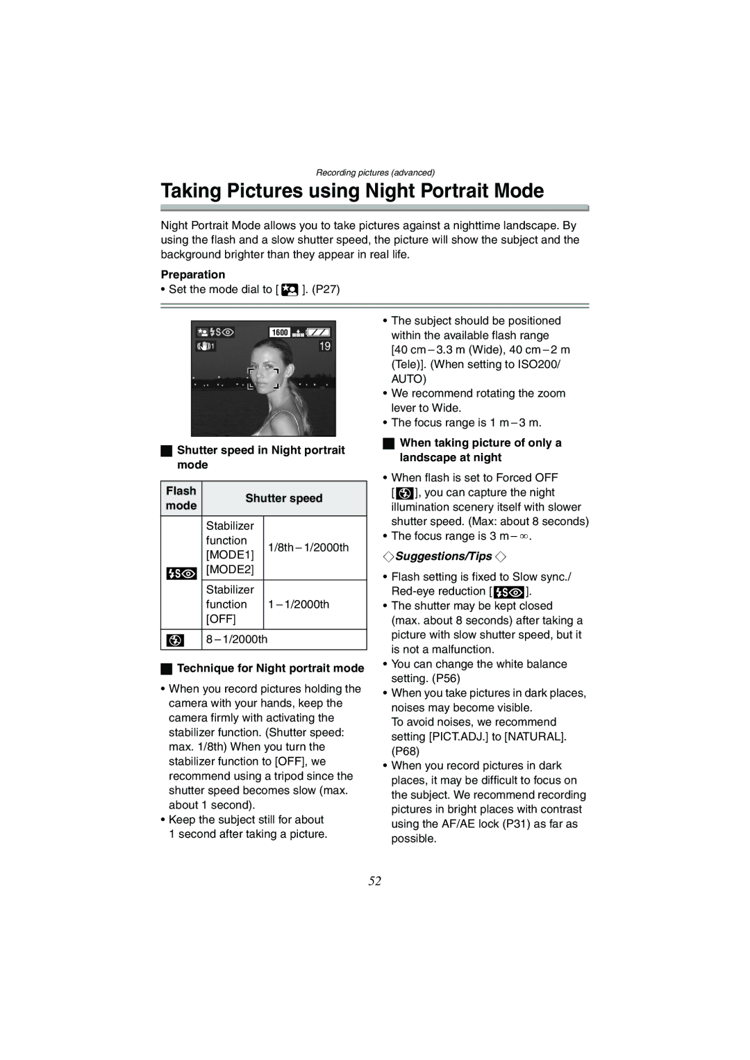 Panasonic DMC-FX5GN, DMC-FX1GN Taking Pictures using Night Portrait Mode, Shutter speed in Night portrait mode 