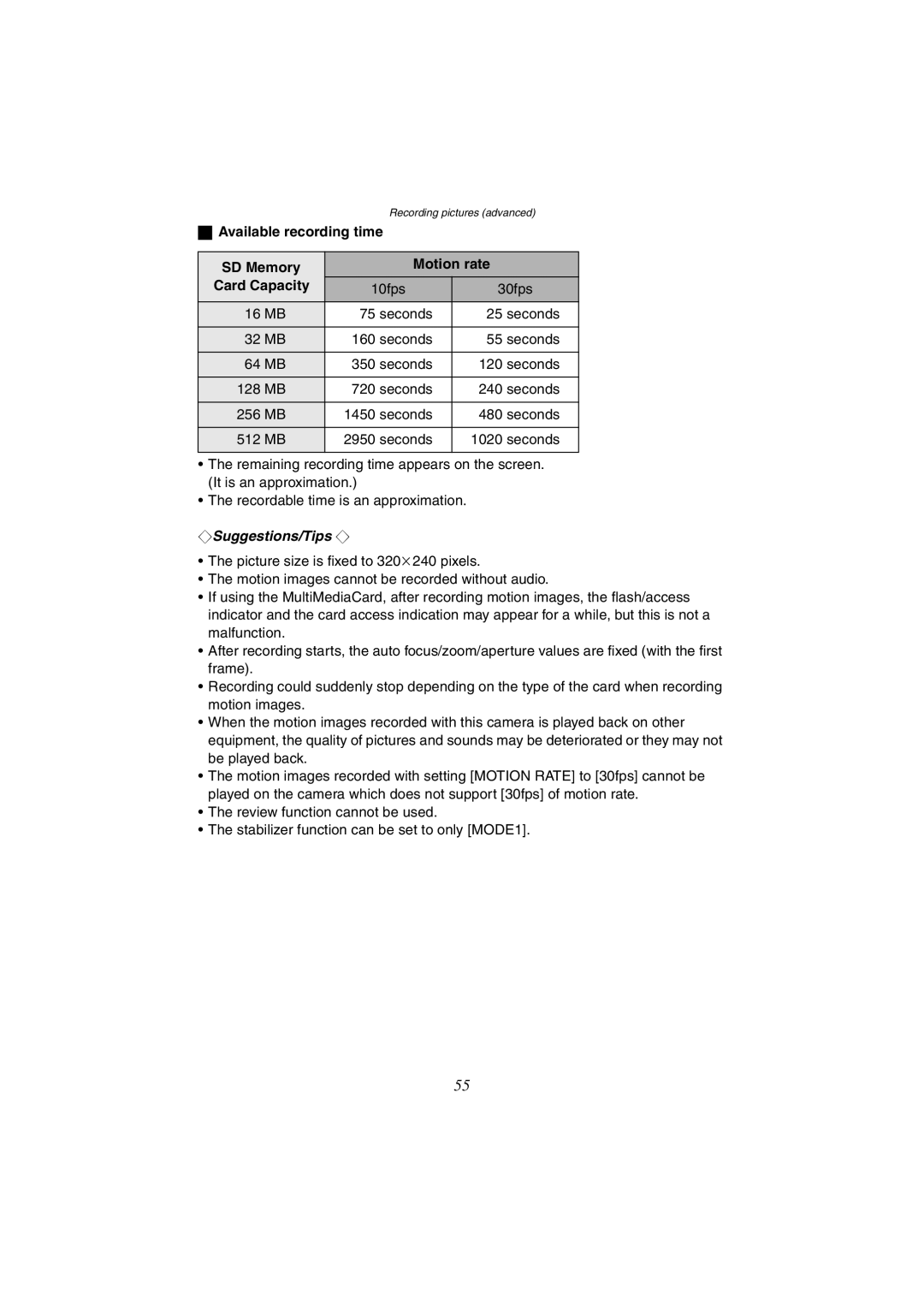 Panasonic DMC-FX1GN, DMC-FX5GN operating instructions Available recording time SD Memory Motion rate Card Capacity 