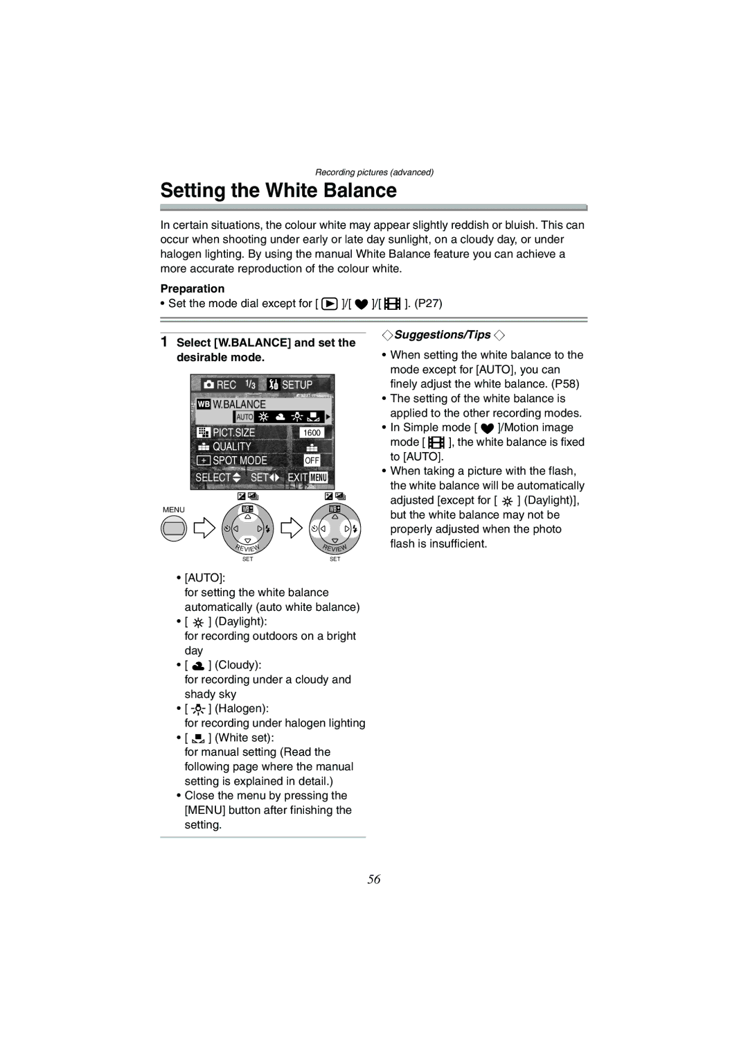 Panasonic DMC-FX5GN, DMC-FX1GN operating instructions Setting the White Balance, Select W.BALANCE and set the desirable mode 