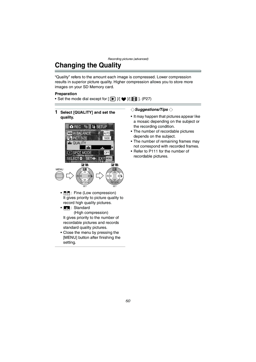 Panasonic DMC-FX5GN, DMC-FX1GN operating instructions Changing the Quality, Select Quality and set the quality 