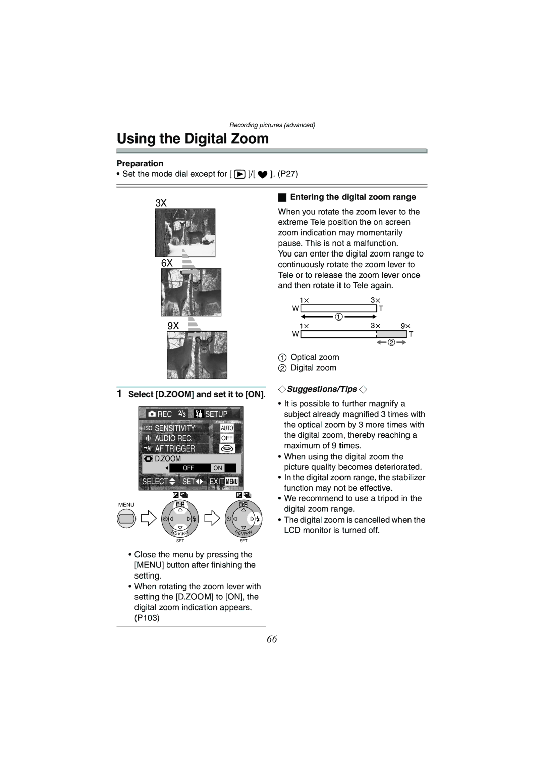 Panasonic DMC-FX5GN, DMC-FX1GN Using the Digital Zoom, Entering the digital zoom range, Select D.ZOOM and set it to on 