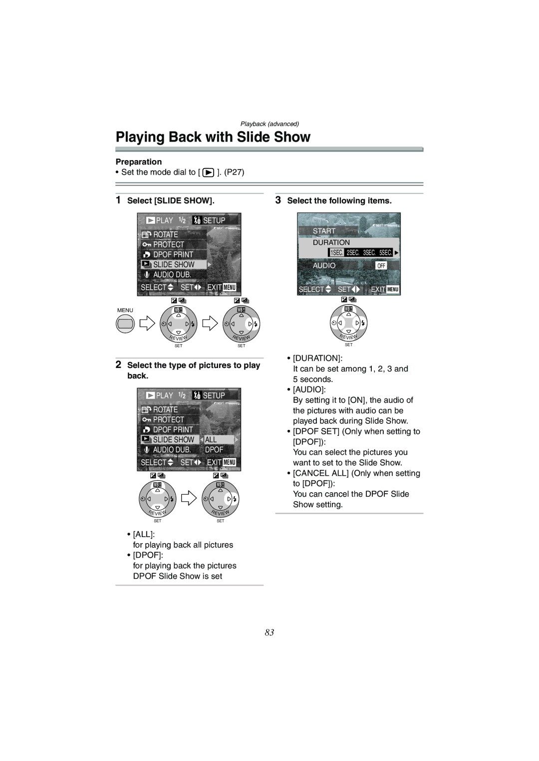 Panasonic DMC-FX1GN, DMC-FX5GN Playing Back with Slide Show, Select Slide Show Select the following items, Duration 