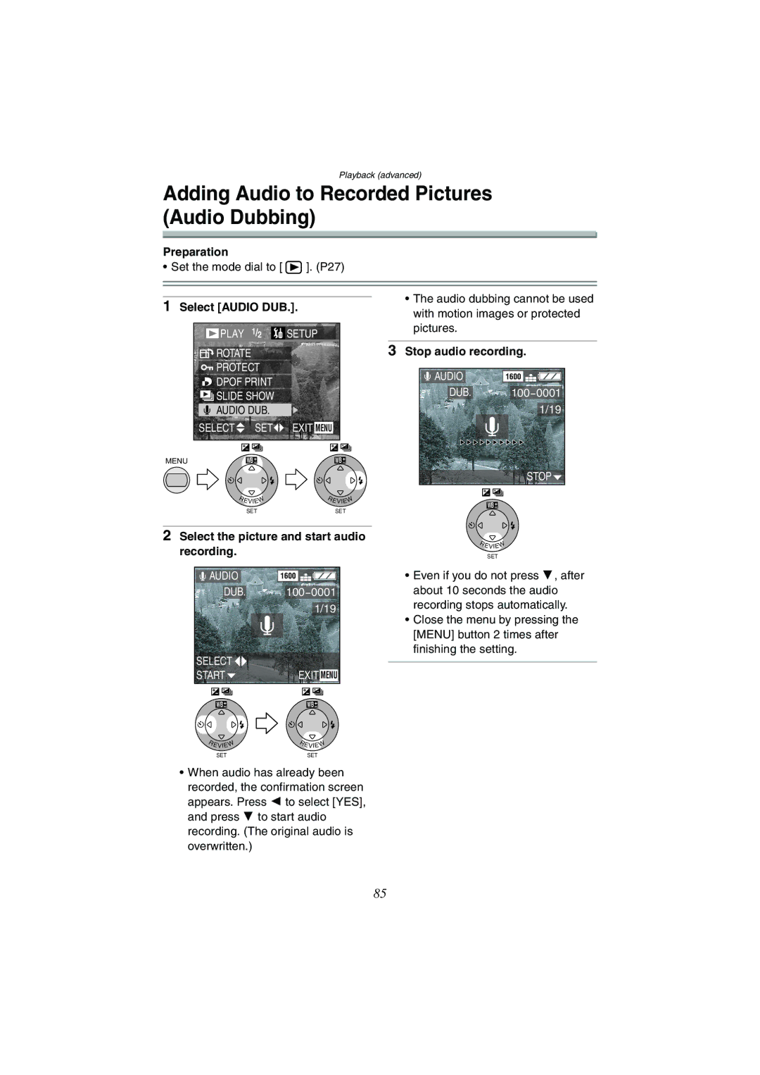 Panasonic DMC-FX1GN, DMC-FX5GN Adding Audio to Recorded Pictures Audio Dubbing, Select Audio DUB, Stop audio recording 