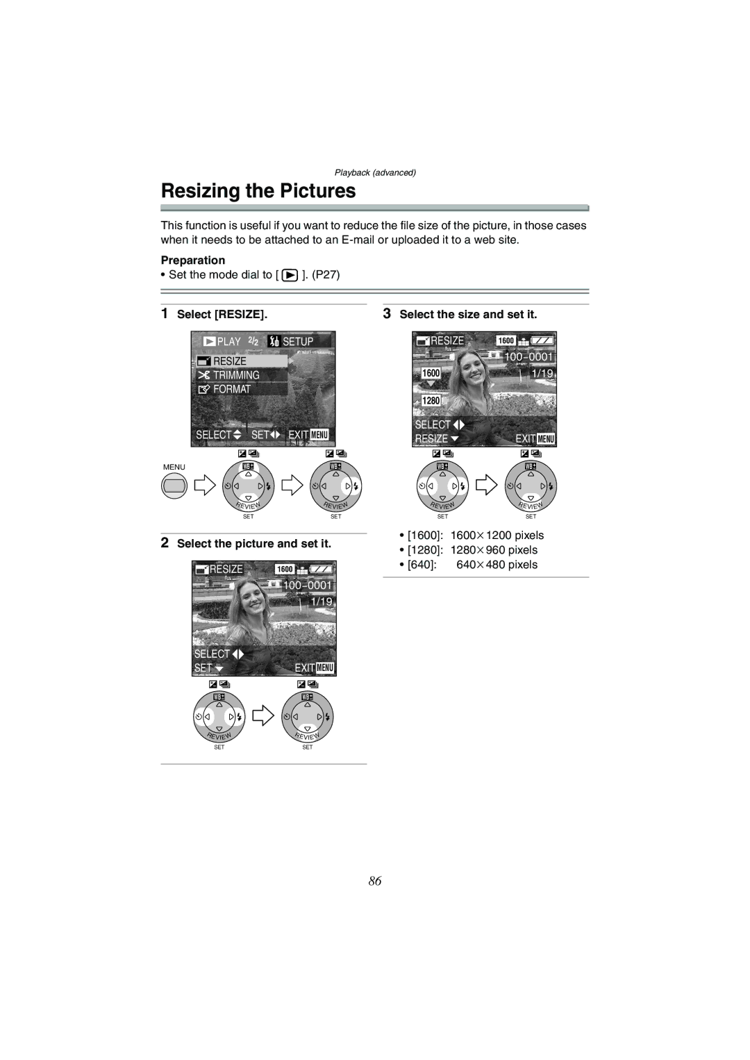 Panasonic DMC-FX5GN Resizing the Pictures, Select Resize, Select the size and set it, Select the picture and set it 