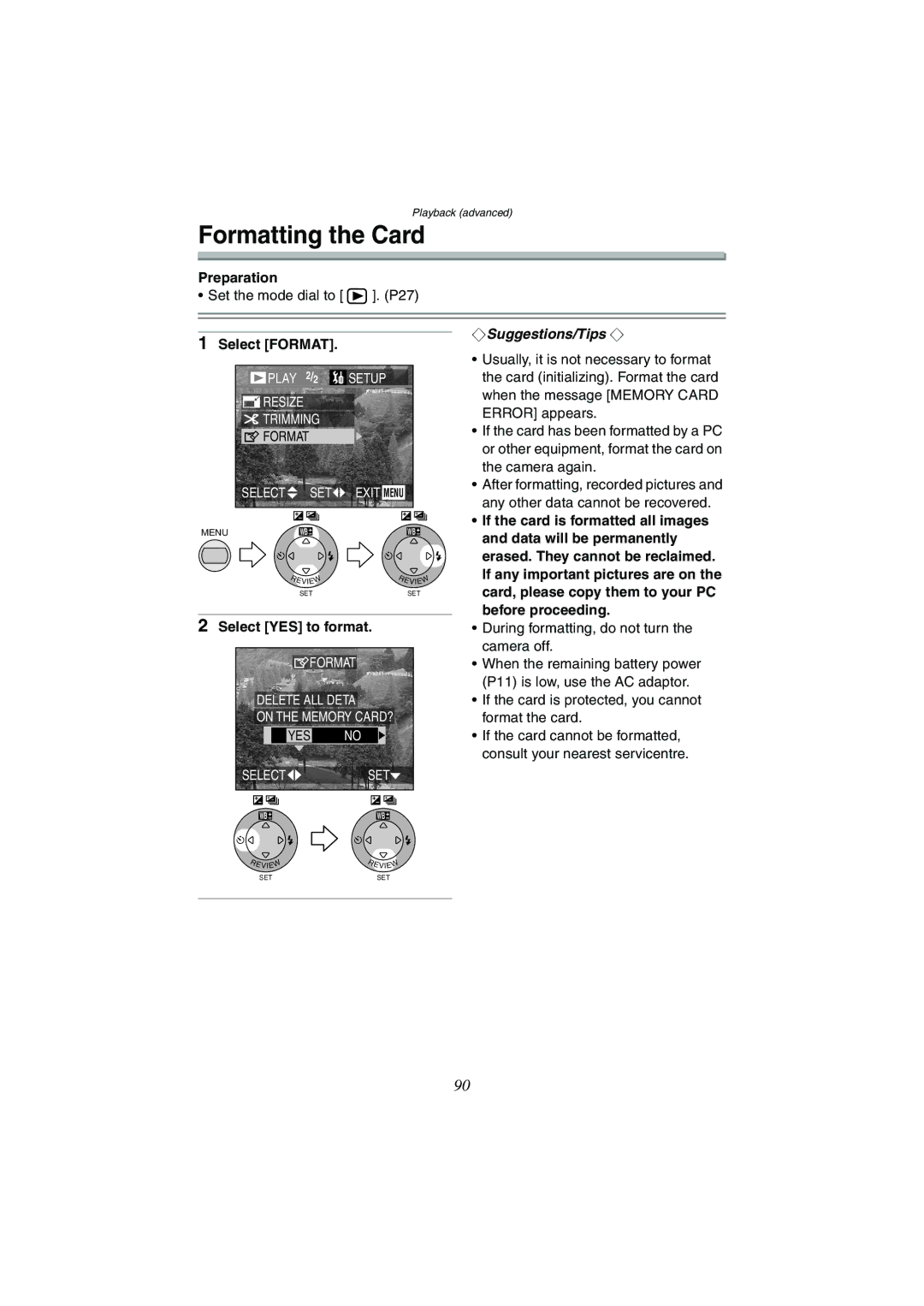 Panasonic DMC-FX5GN, DMC-FX1GN operating instructions Formatting the Card, Select Format, Select YES to format 