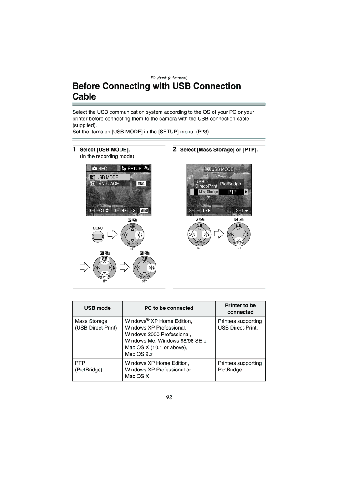 Panasonic DMC-FX5GN, DMC-FX1GN Before Connecting with USB Connection Cable, Select USB MODE. In the recording mode, Ptp 