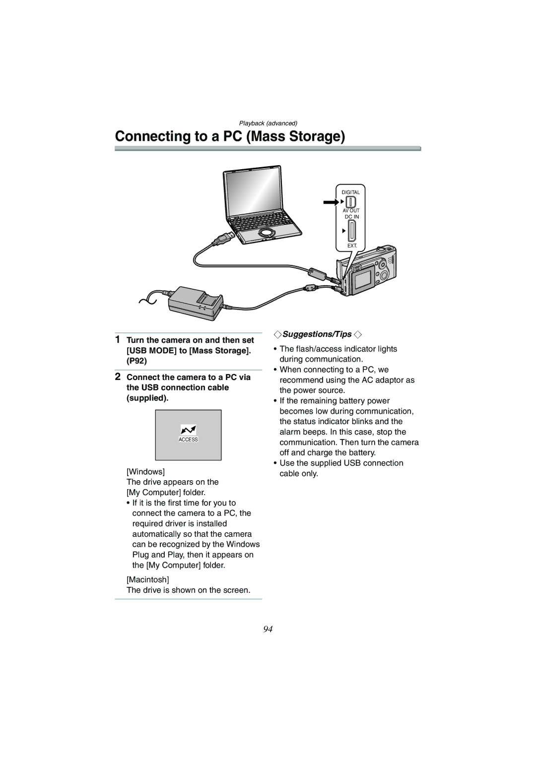 Panasonic DMC-FX5GN, DMC-FX1GN Connecting to a PC Mass Storage, Windows Drive appears on the My Computer folder 