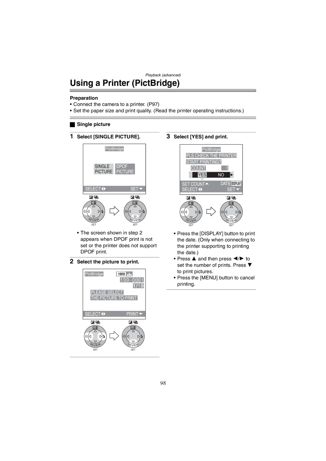 Panasonic DMC-FX5GN, DMC-FX1GN Using a Printer PictBridge, Single picture Select Single Picture Select YES and print 