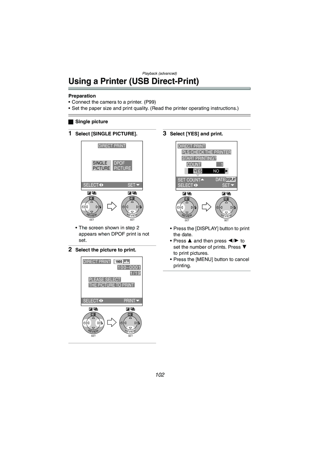 Panasonic DMC-FX5PP Using a Printer USB Direct-Print, 102, Single picture, Select Single Picture Select YES and print 