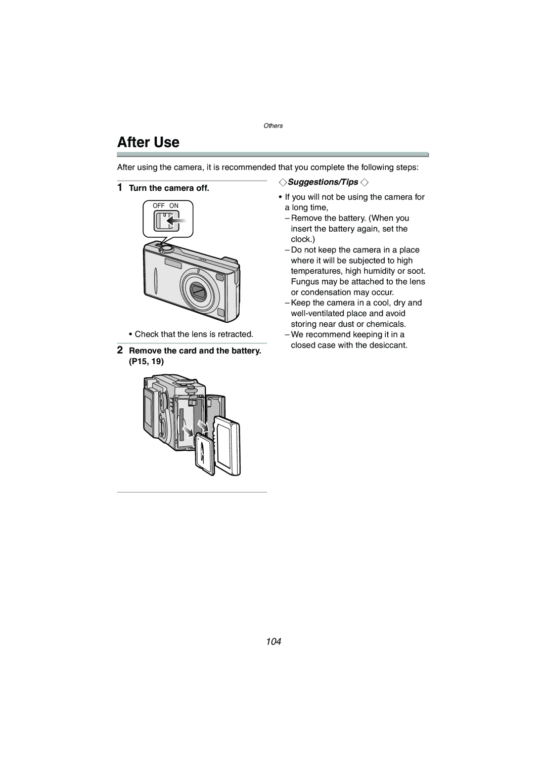 Panasonic DMC-FX5PP operating instructions After Use, 104, Turn the camera off, Remove the card and the battery. P15 