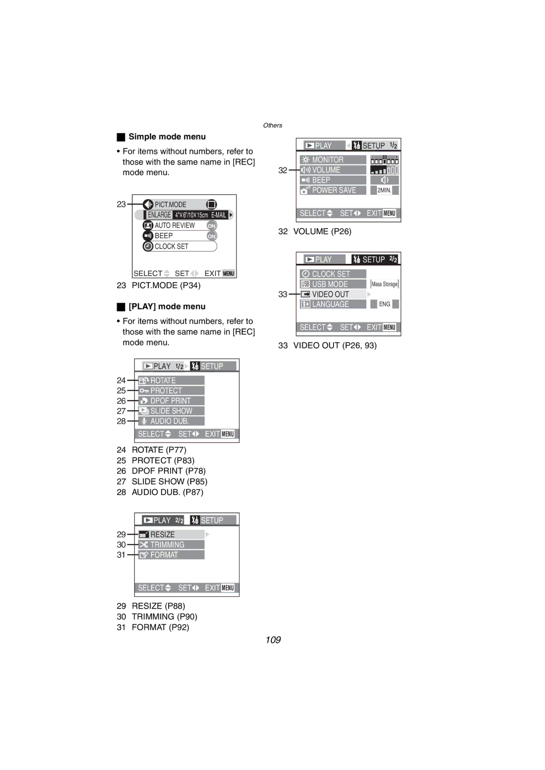 Panasonic DMC-FX5PP 109, Simple mode menu, Play mode menu, Dpof Print P78 Slide Show P85, Trimming P90 