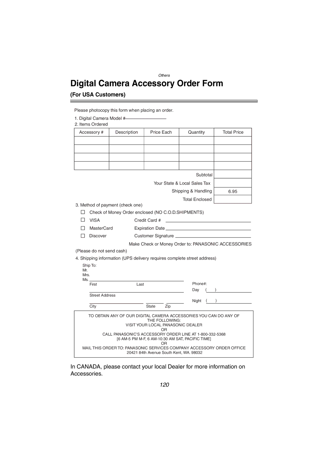 Panasonic DMC-FX5PP operating instructions Digital Camera Accessory Order Form, 120 