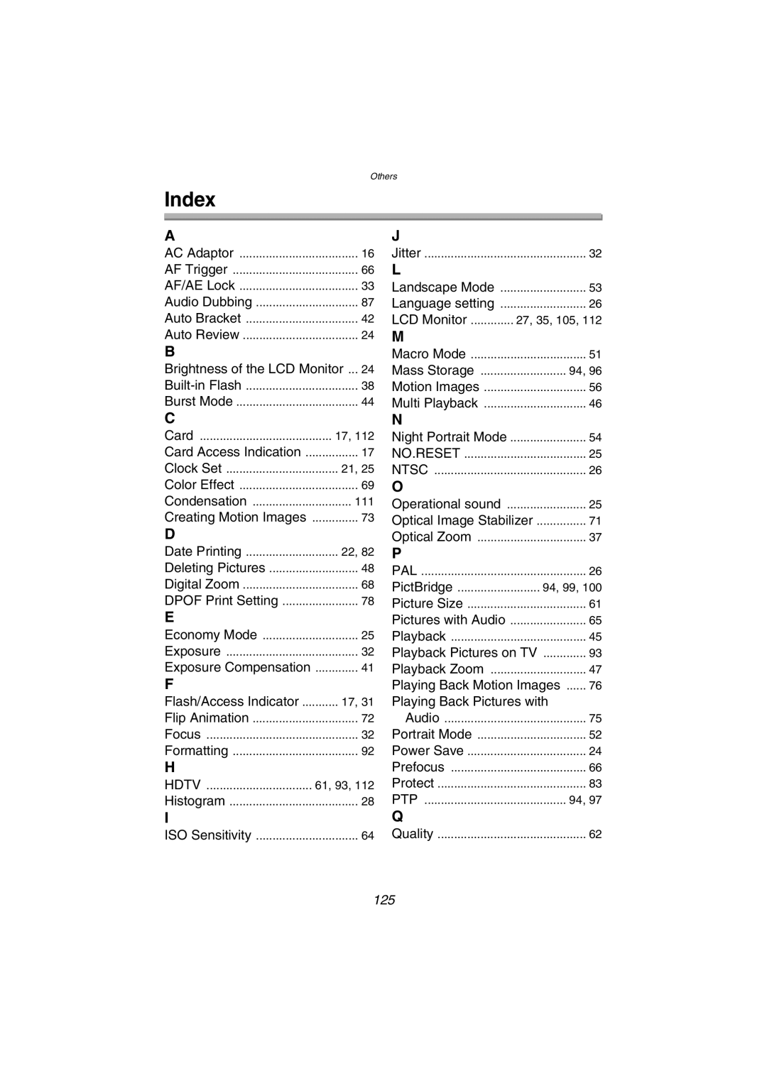 Panasonic DMC-FX5PP operating instructions Index, 125 