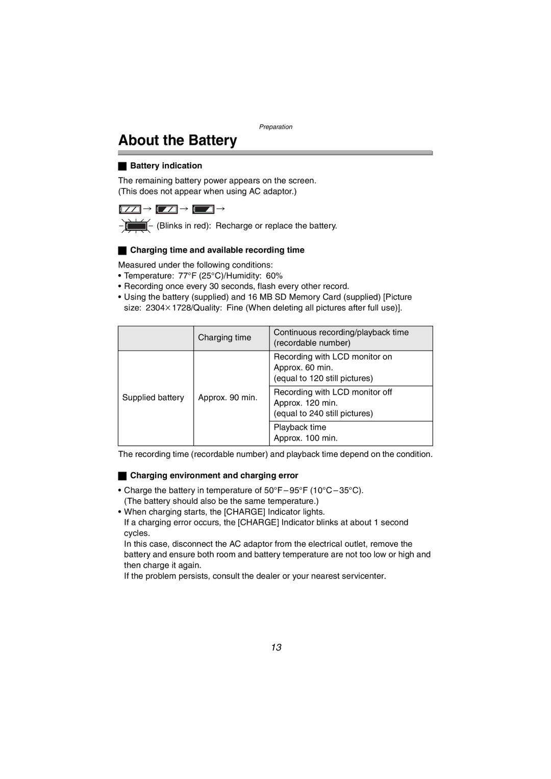 Panasonic DMC-FX5PP About the Battery, Battery indication, Charging time and available recording time 