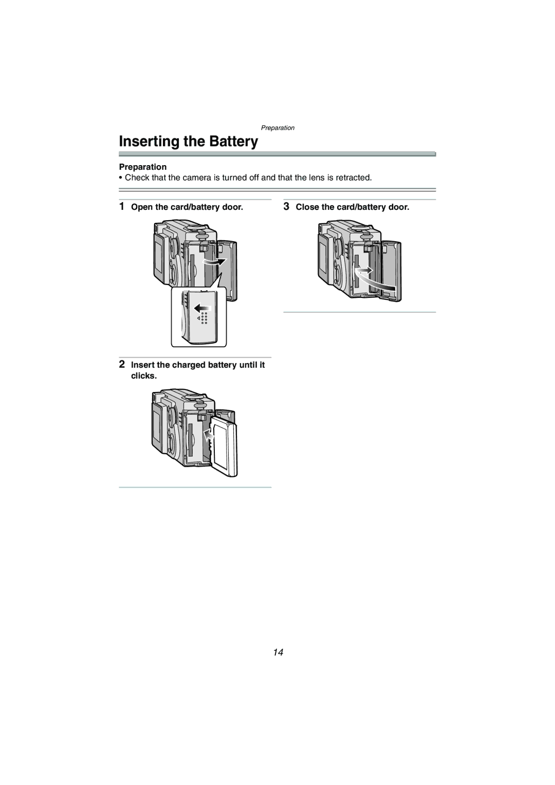 Panasonic DMC-FX5PP operating instructions Inserting the Battery, Preparation 