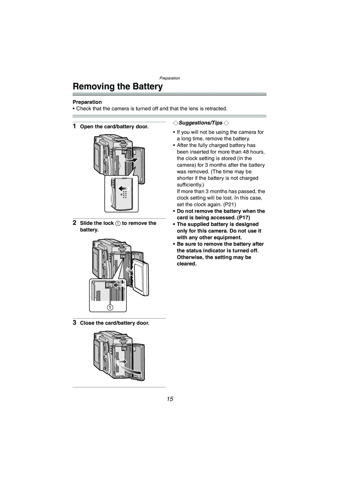 Panasonic DMC-FX5PP operating instructions Removing the Battery 