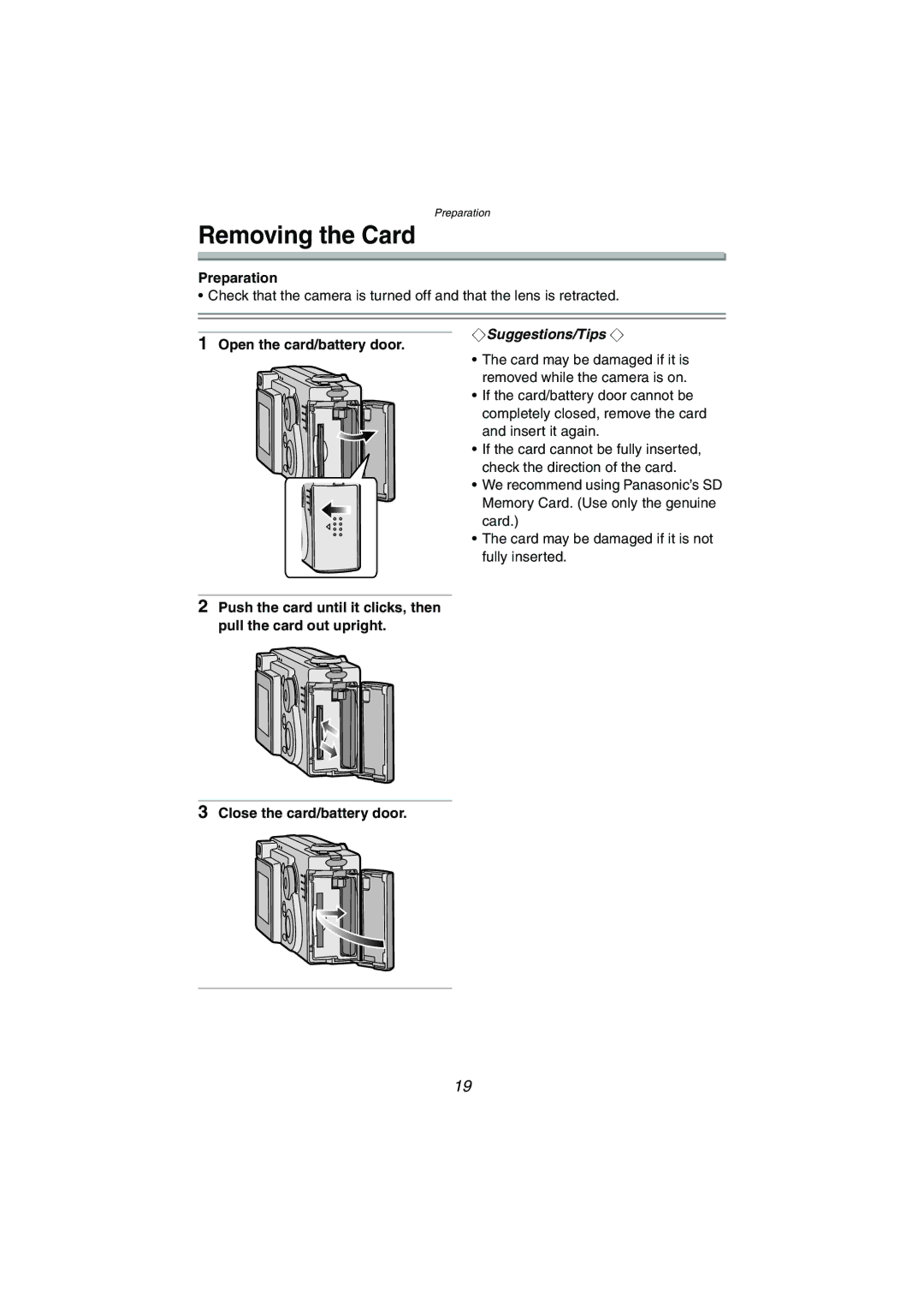 Panasonic DMC-FX5PP operating instructions Removing the Card, Open the card/battery door 