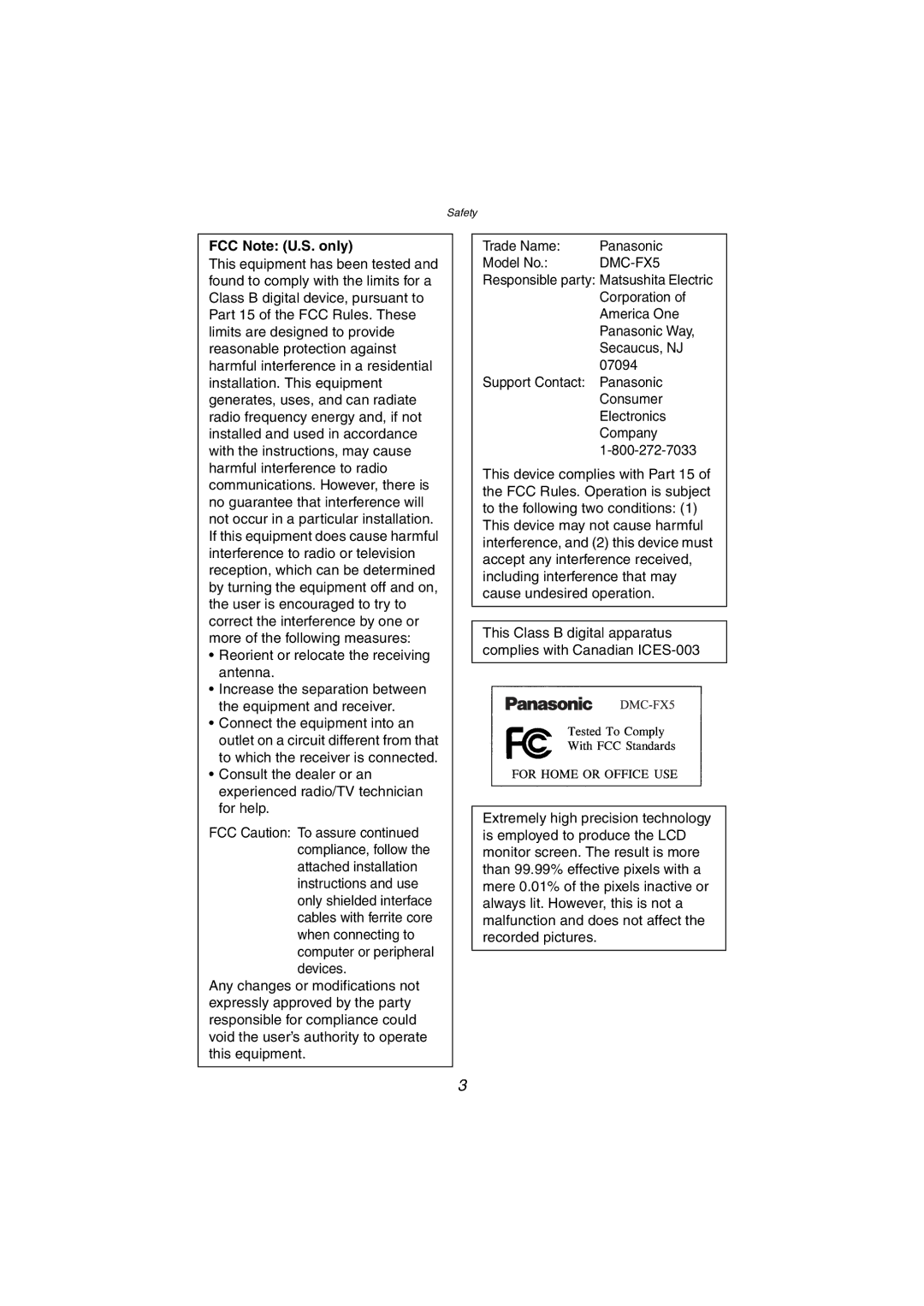 Panasonic DMC-FX5PP operating instructions FCC Note U.S. only 