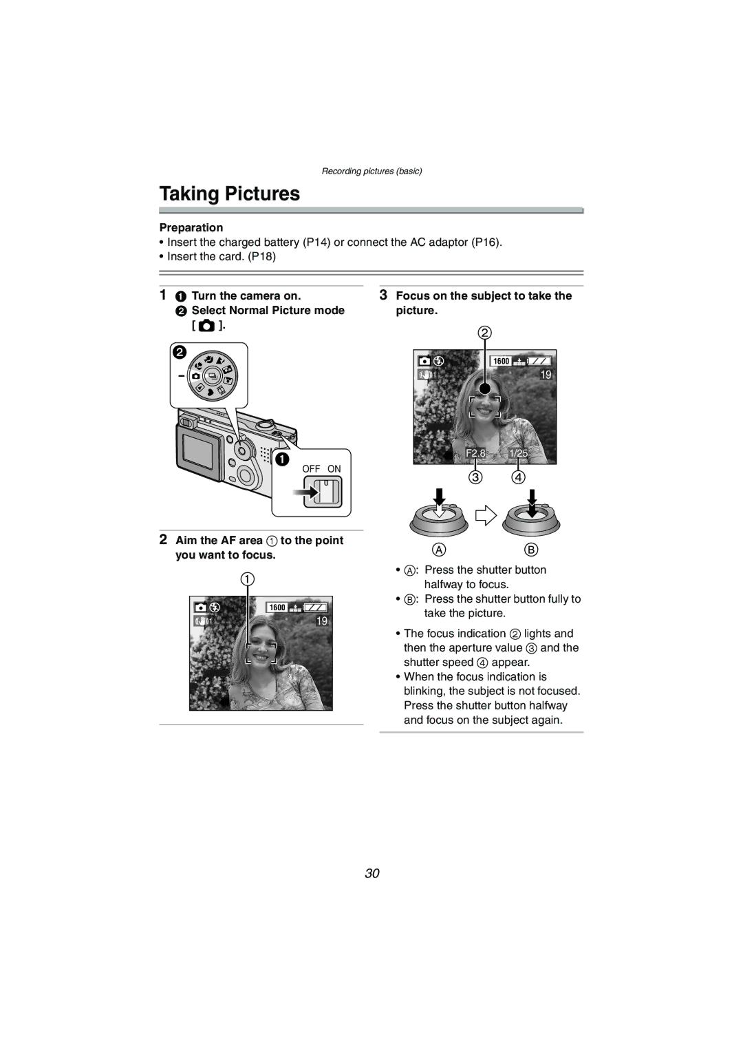 Panasonic DMC-FX5PP Taking Pictures, Select Normal Picture mode, Aim the AF area 1 to the point you want to focus 