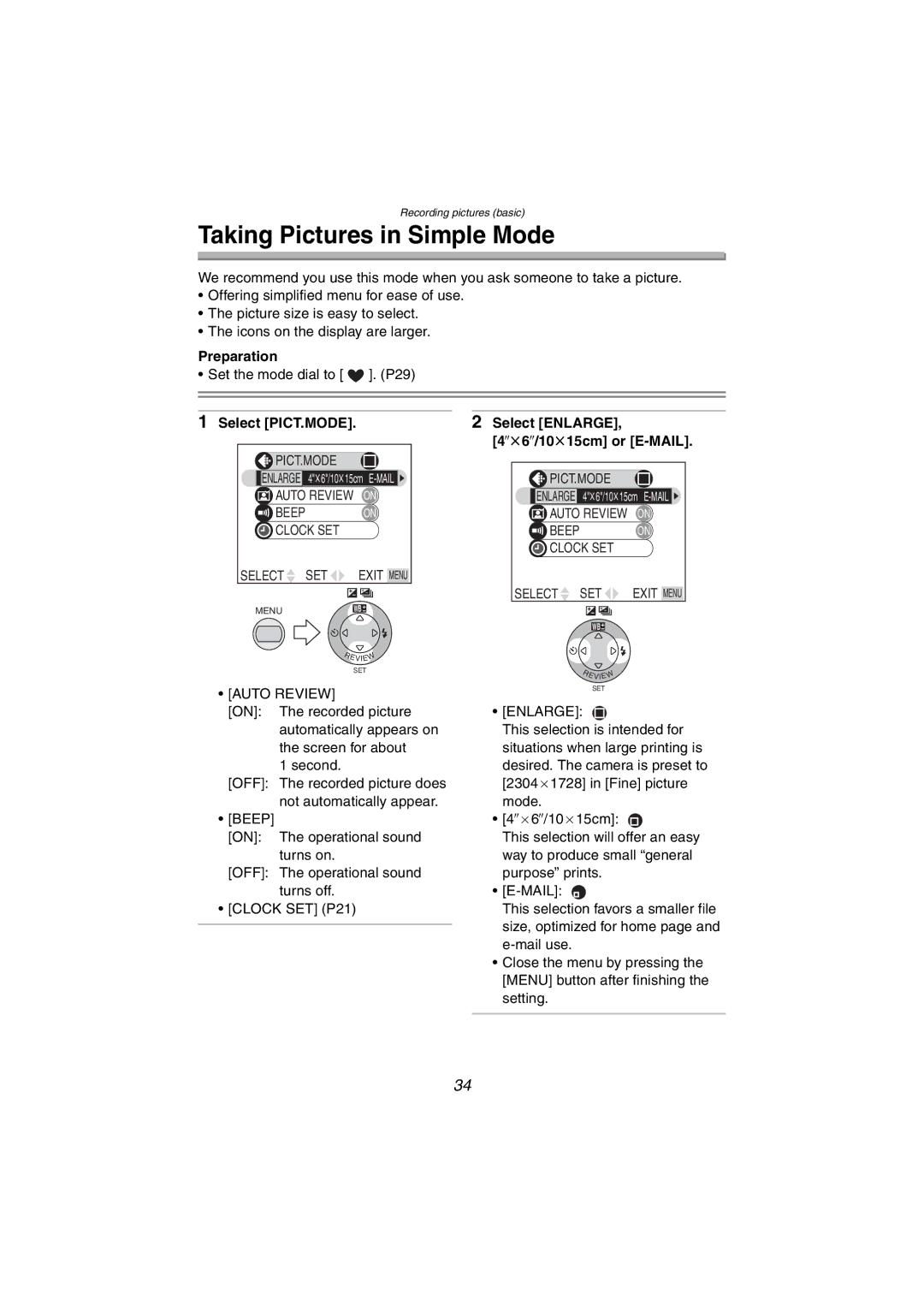 Panasonic DMC-FX5PP Taking Pictures in Simple Mode, Select PICT.MODE, Select Enlarge 4qt6q/10t15cm or E-MAIL, Auto Review 