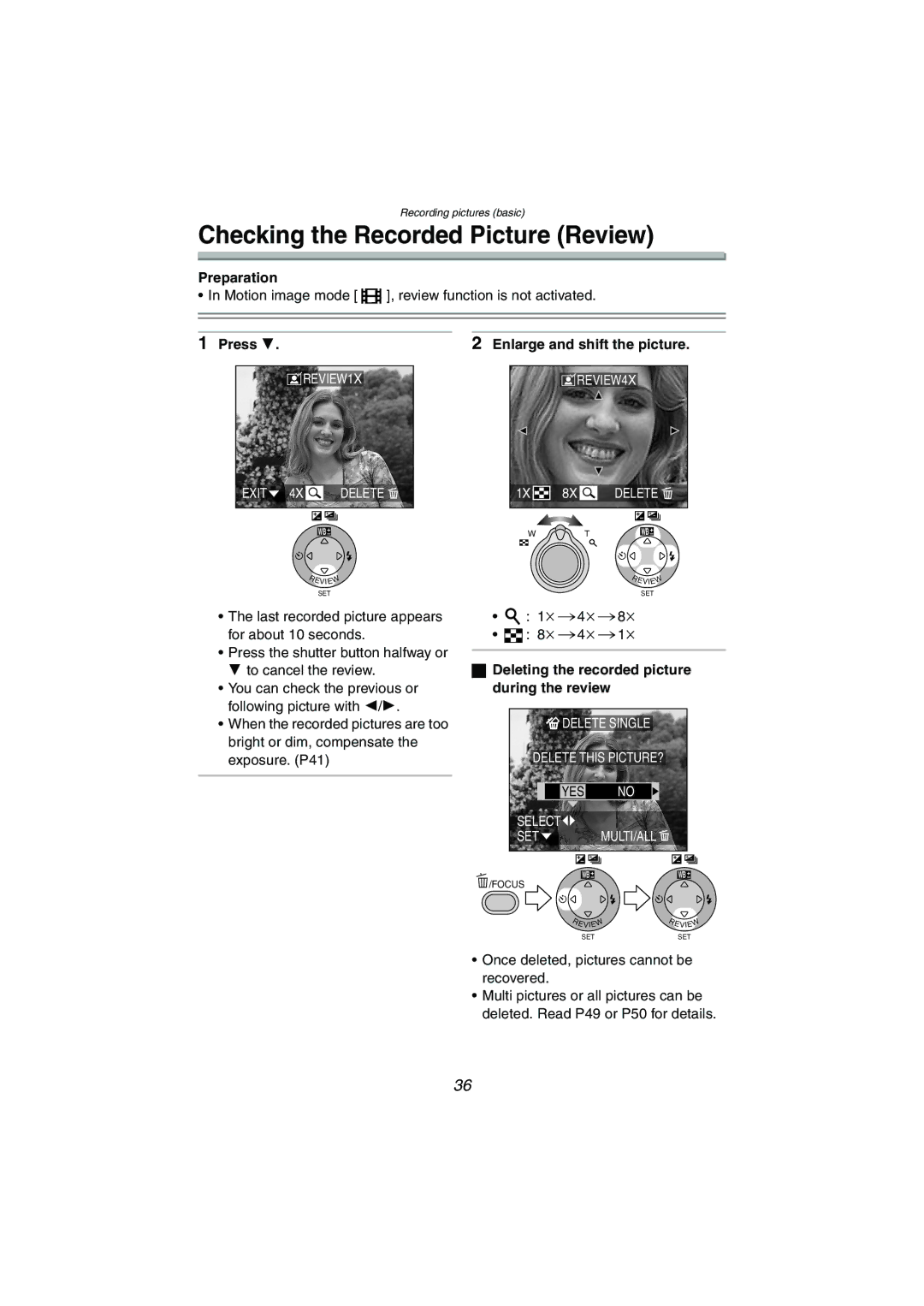 Panasonic DMC-FX5PP operating instructions Checking the Recorded Picture Review, Press, Enlarge and shift the picture 