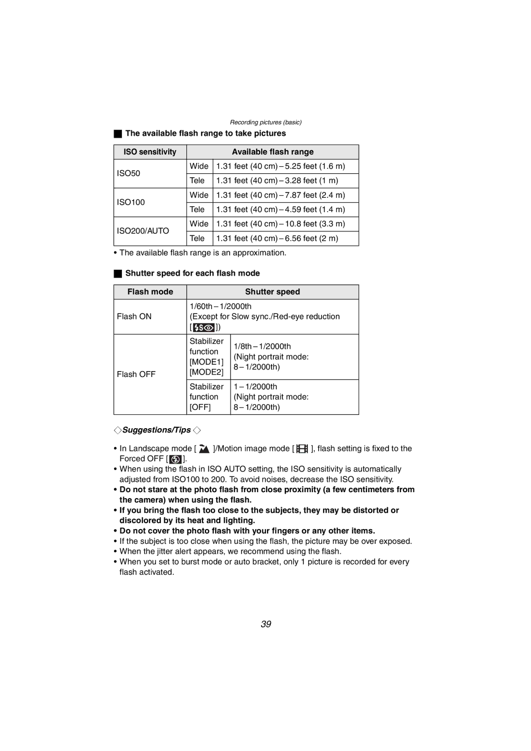 Panasonic DMC-FX5PP Available flash range to take pictures ISO sensitivity, Shutter speed for each flash mode Flash mode 