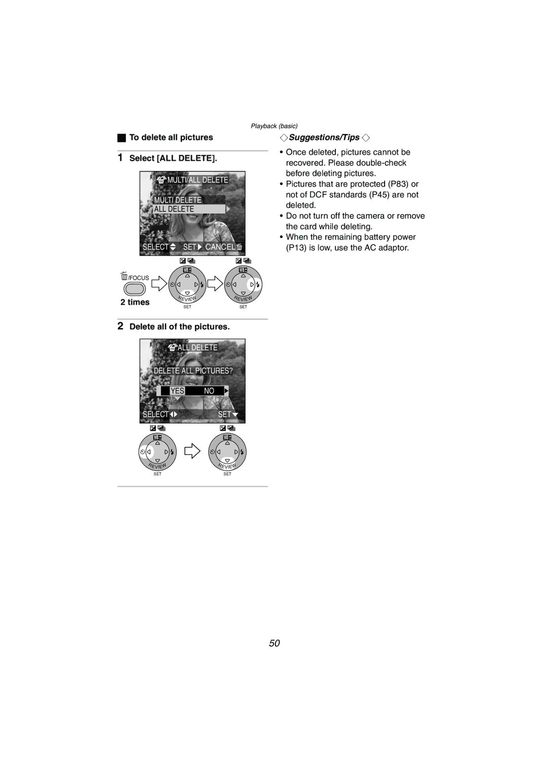 Panasonic DMC-FX5PP operating instructions To delete all pictures Select ALL Delete, Delete all of the pictures 