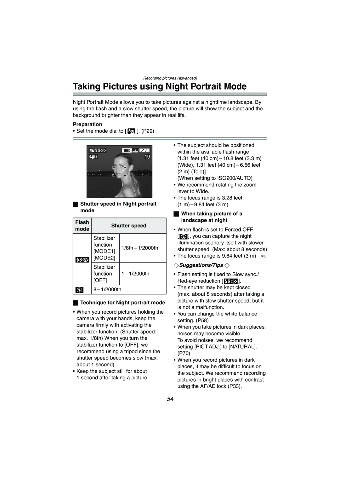 Panasonic DMC-FX5PP Taking Pictures using Night Portrait Mode, Shutter speed in Night portrait mode, Landscape at night 