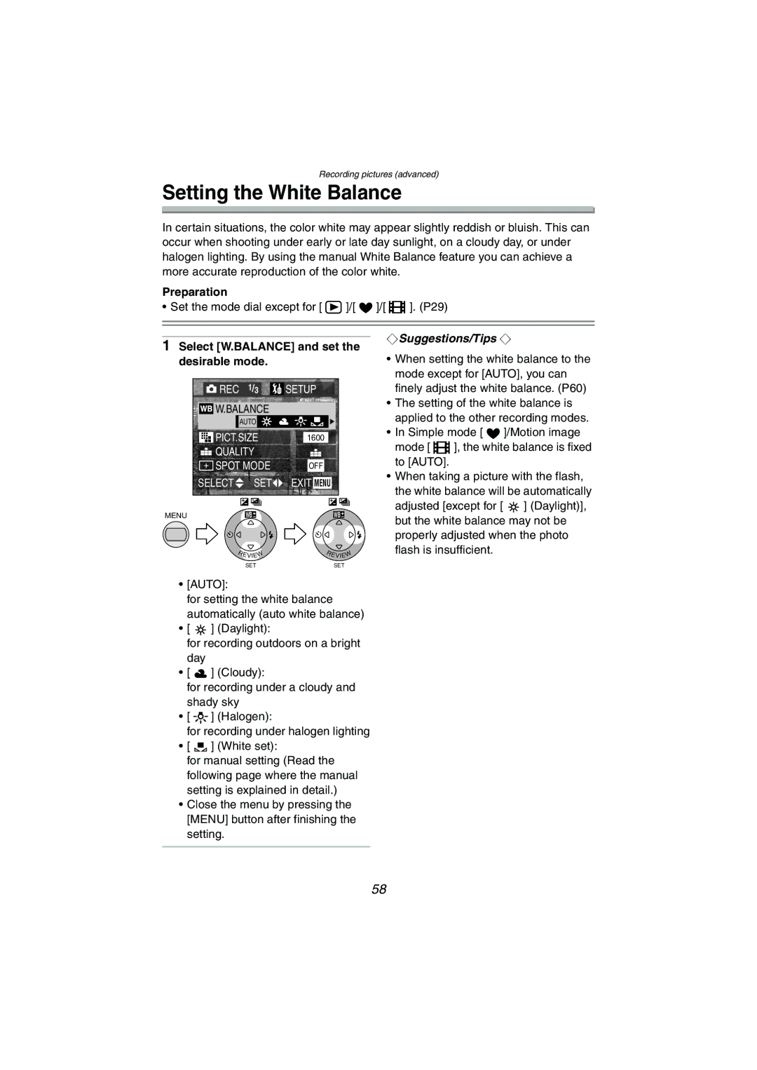 Panasonic DMC-FX5PP operating instructions Setting the White Balance, Select W.BALANCE and set the desirable mode 