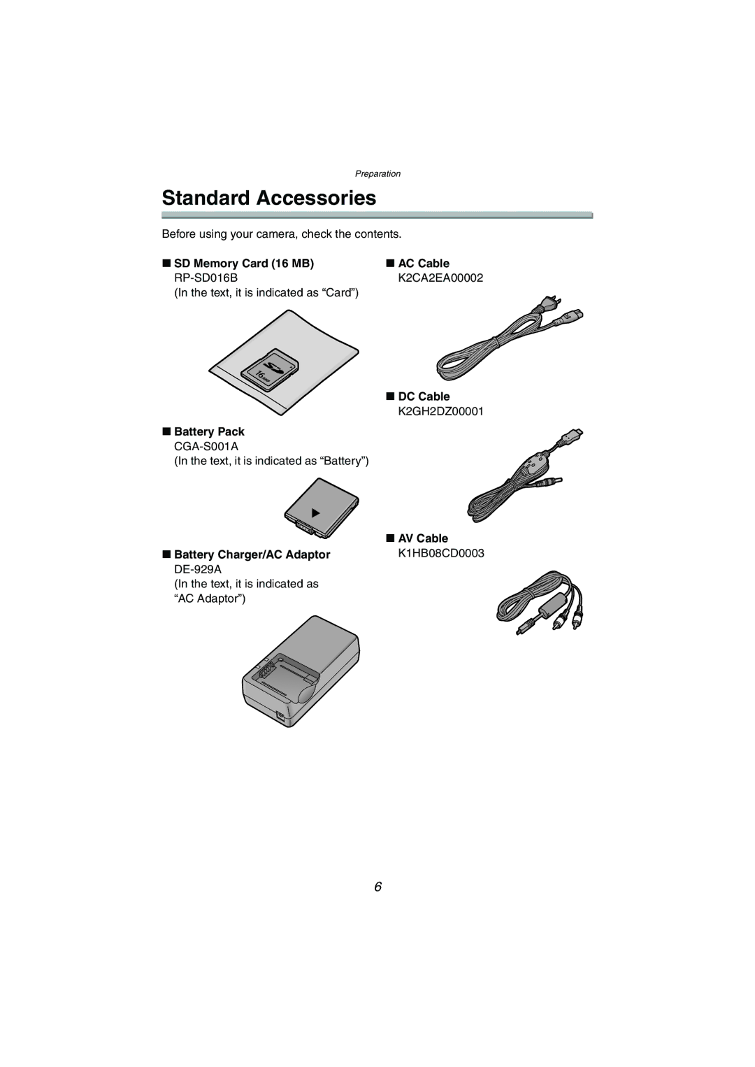 Panasonic DMC-FX5PP operating instructions Standard Accessories 