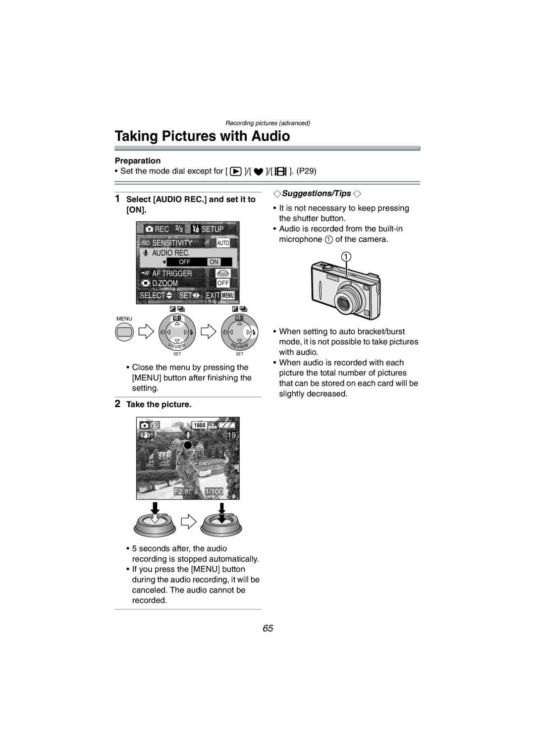 Panasonic DMC-FX5PP operating instructions Taking Pictures with Audio, Select Audio REC. and set it to on, Take the picture 