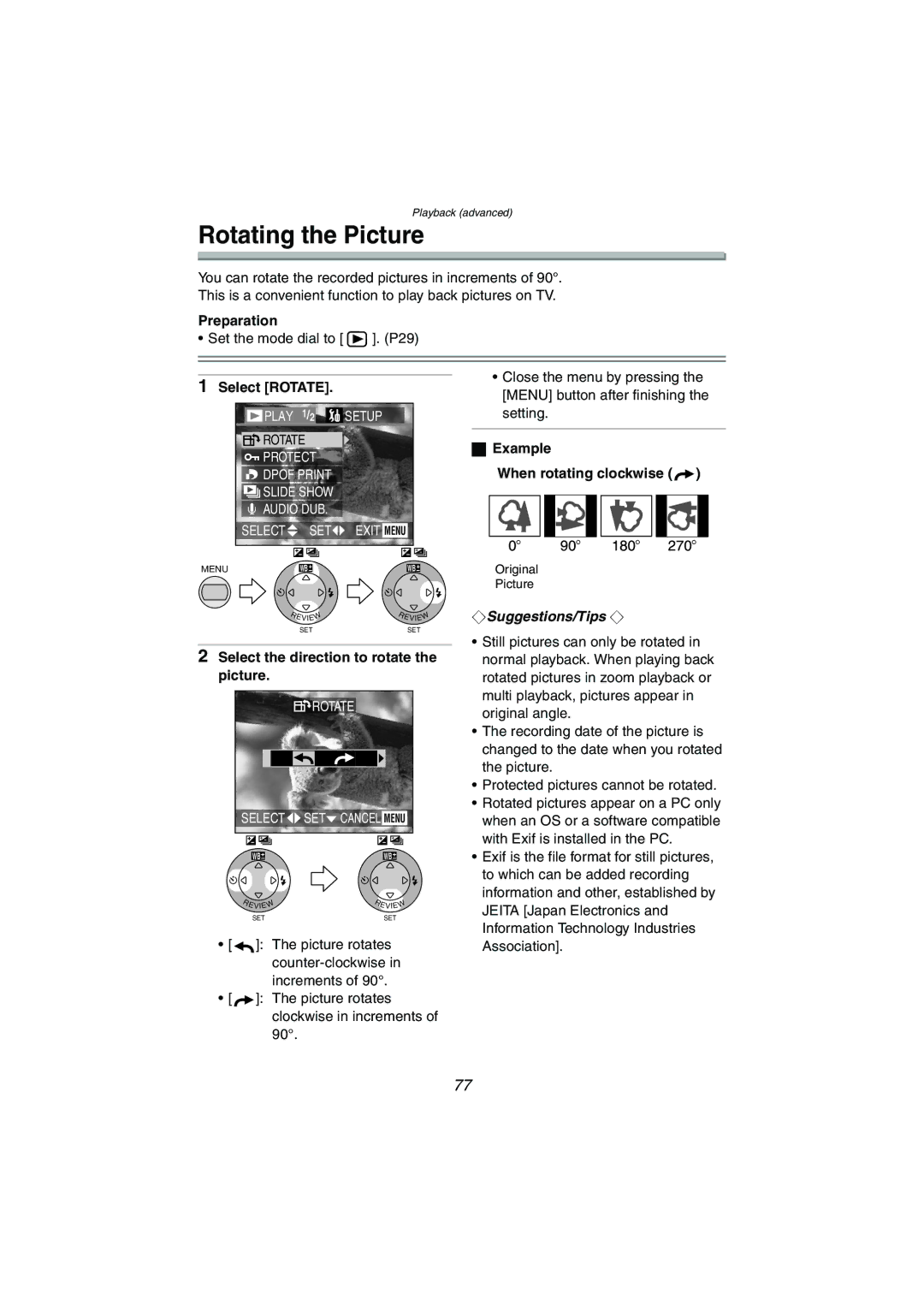 Panasonic DMC-FX5PP operating instructions Rotating the Picture, Select Rotate, Example When rotating clockwise 