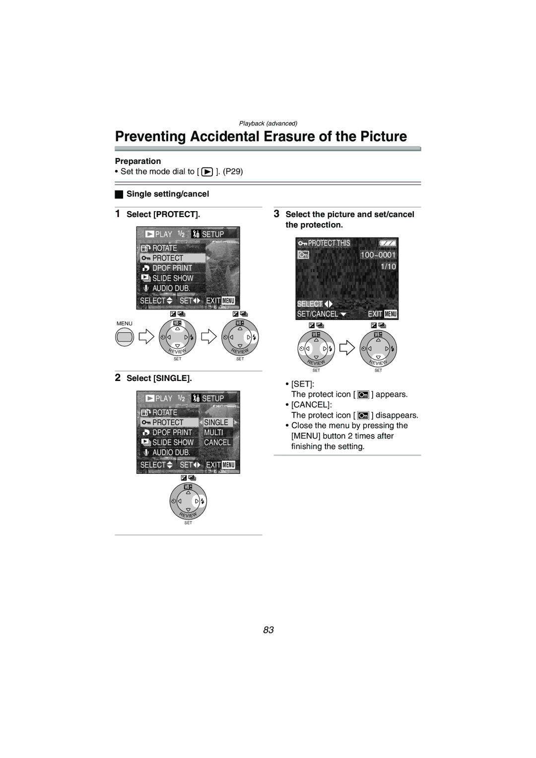 Panasonic DMC-FX5PP operating instructions Preventing Accidental Erasure of the Picture, Select Protect, Cancel 