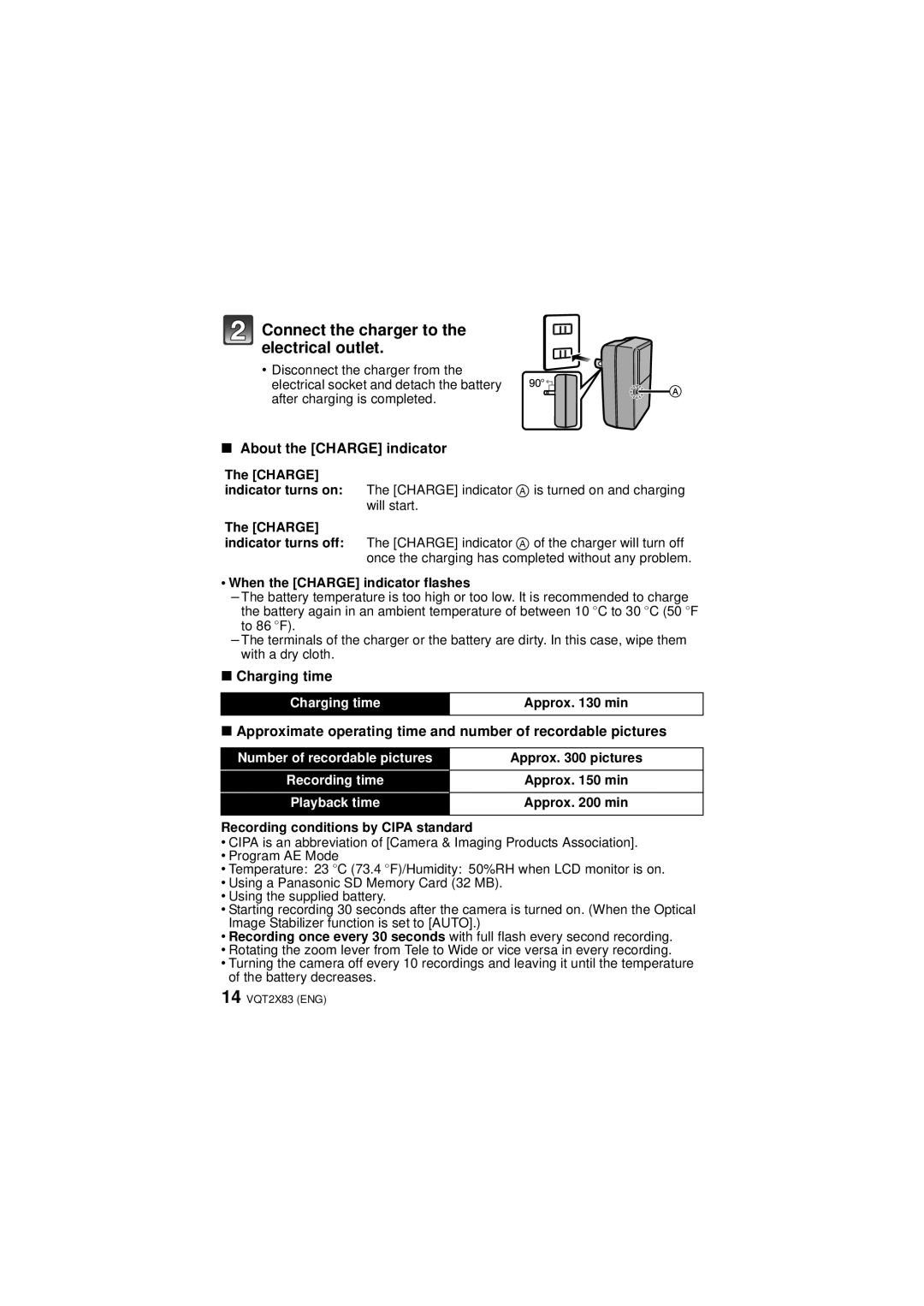 Panasonic DMC-FX700, VQT2X83 About the Charge indicator, Charging time, When the Charge indicator flashes 