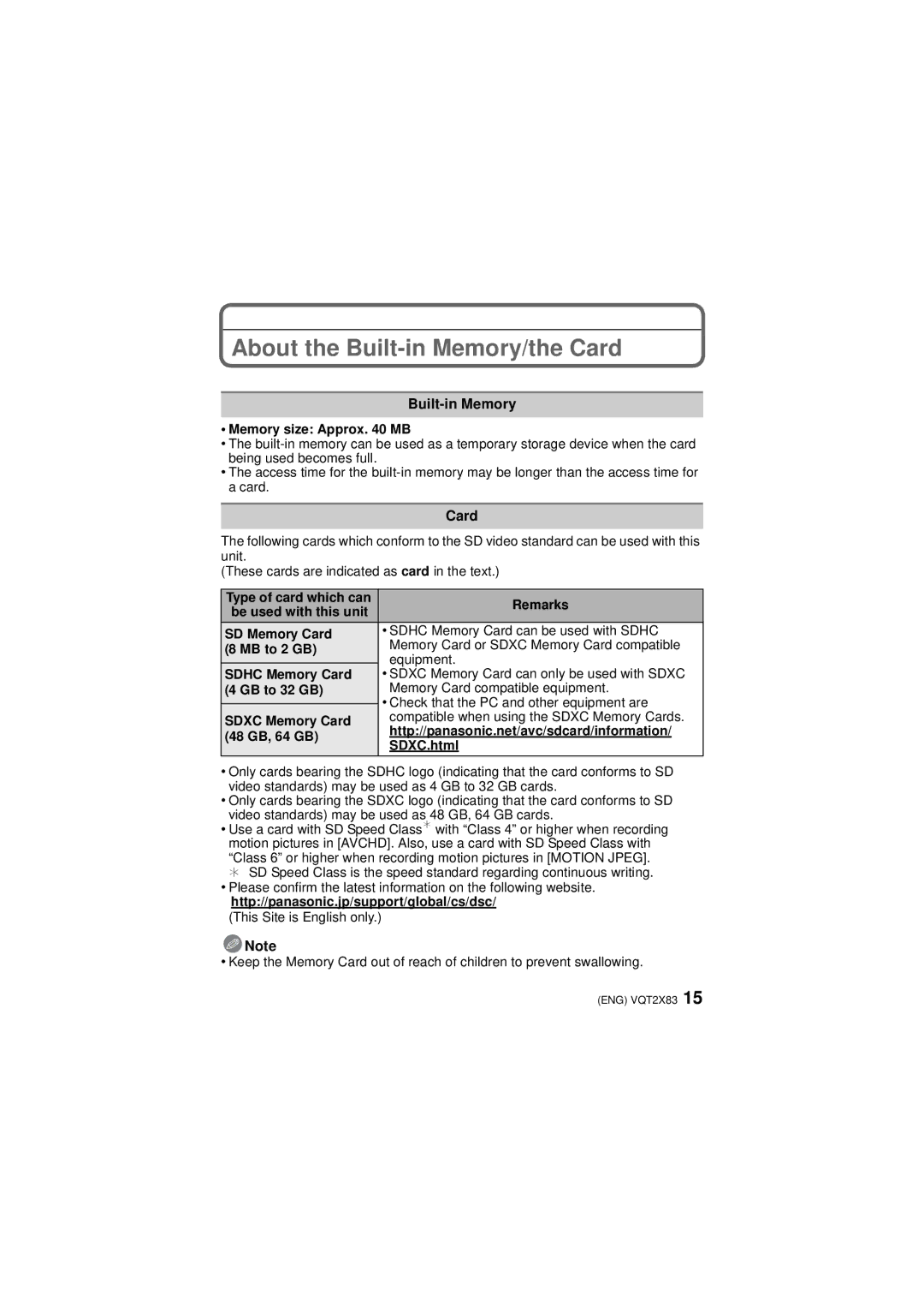 Panasonic VQT2X83, DMC-FX700 operating instructions About the Built-in Memory/the Card 