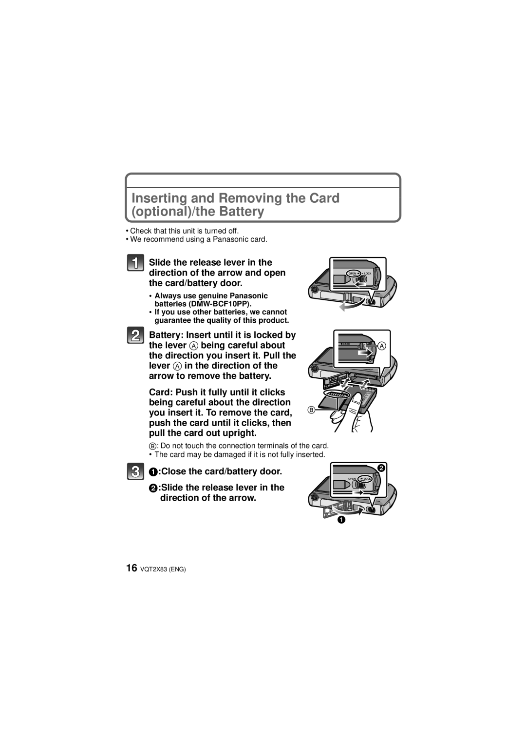 Panasonic DMC-FX700, VQT2X83 operating instructions Inserting and Removing the Card optional/the Battery 