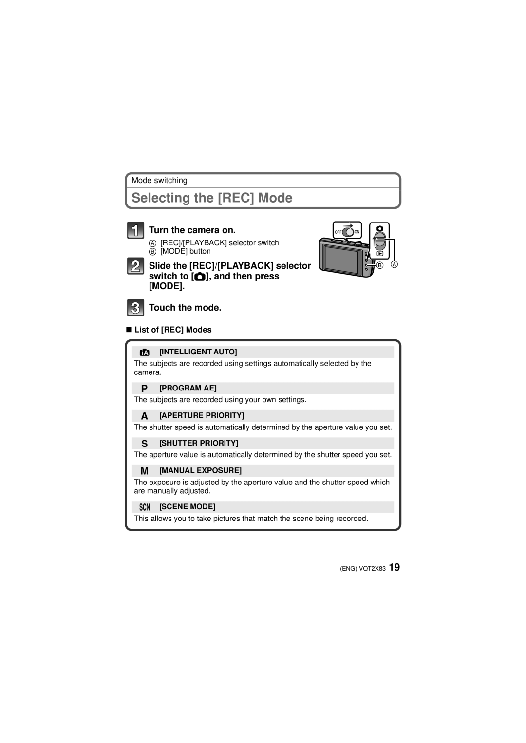 Panasonic VQT2X83, DMC-FX700 operating instructions Selecting the REC Mode, List of REC Modes, Manual Exposure 